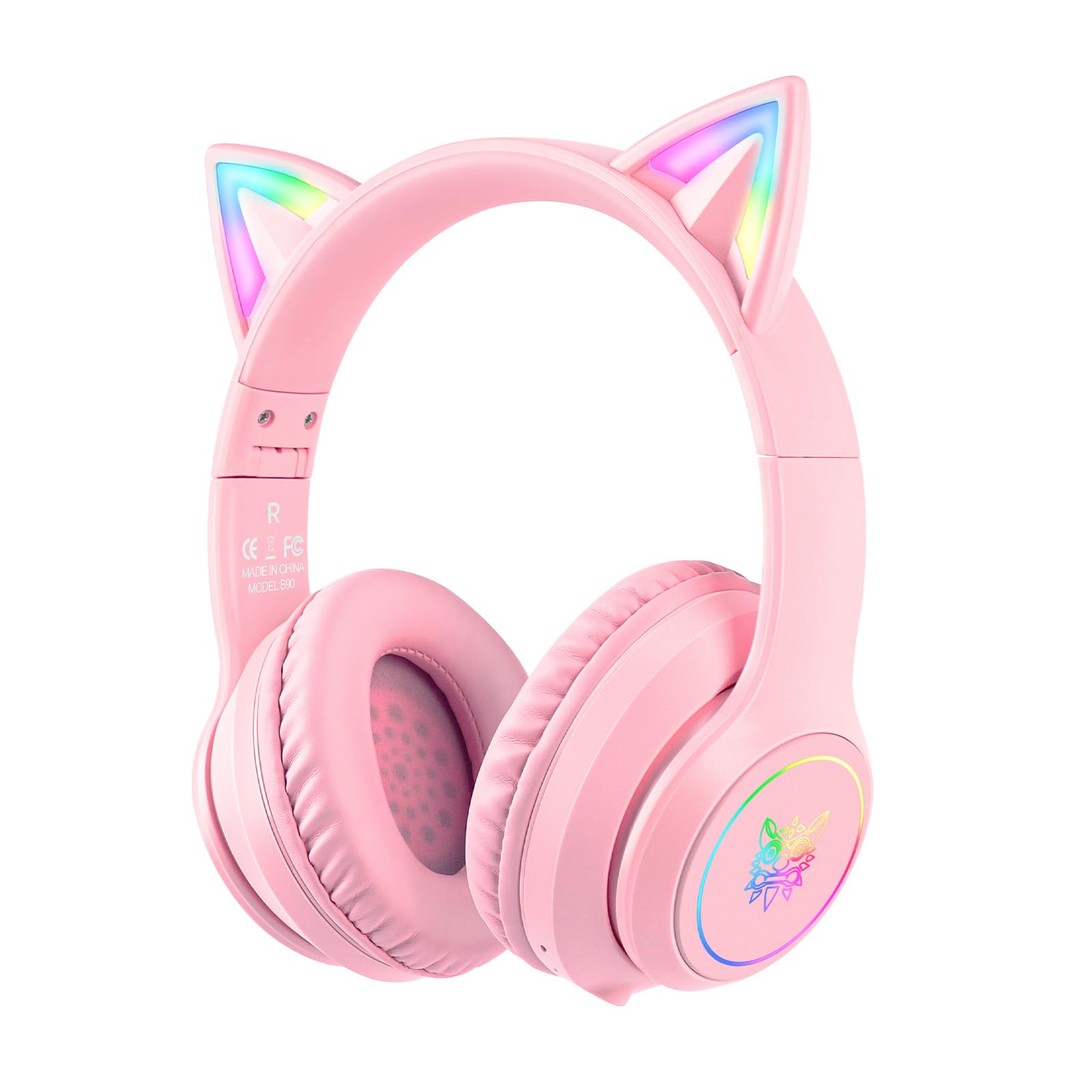 PHNIXGAM Bluetooth Cat Ear Headphones for Kids - Wireless & Wired Foldable Headset with Microphone, RGB LED Lights, Adjustable Volume - Perfect for School, Gaming, Travel, and Online Classes - Compatible with iPhone, Android, PC, Tablet (Pink/Blue)