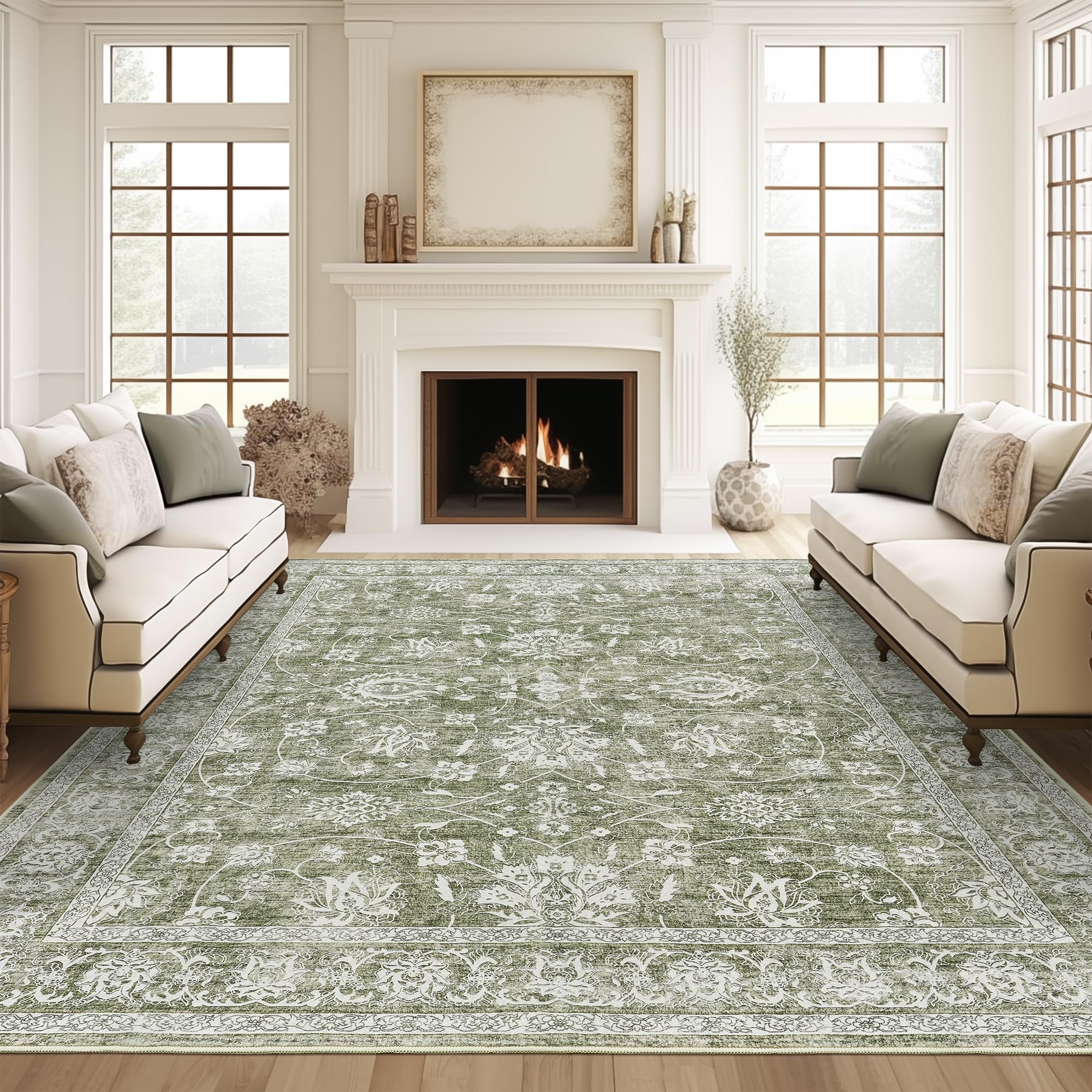 Valenrug 8x10 Area Rug - Machine Washable Non-Slip Living Room Rug, Stain Resistant Bedroom Carpet | Soft & Durable Indoor Floor Mat for Home Decor (8'x10', Green) | Perfect for Living Spaces, Bedrooms & High-Traffic Areas