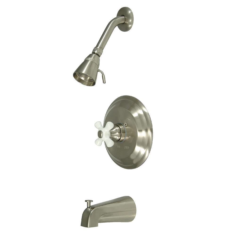 Kingston Brass KB3638PX Brushed Nickel Tub and Shower Faucet with Porcelain Cross Handle - Vintage Style Bathroom Fixture for Classic Home Restoration (Perfect for Bathroom Remodel & Victorian Style Decor)