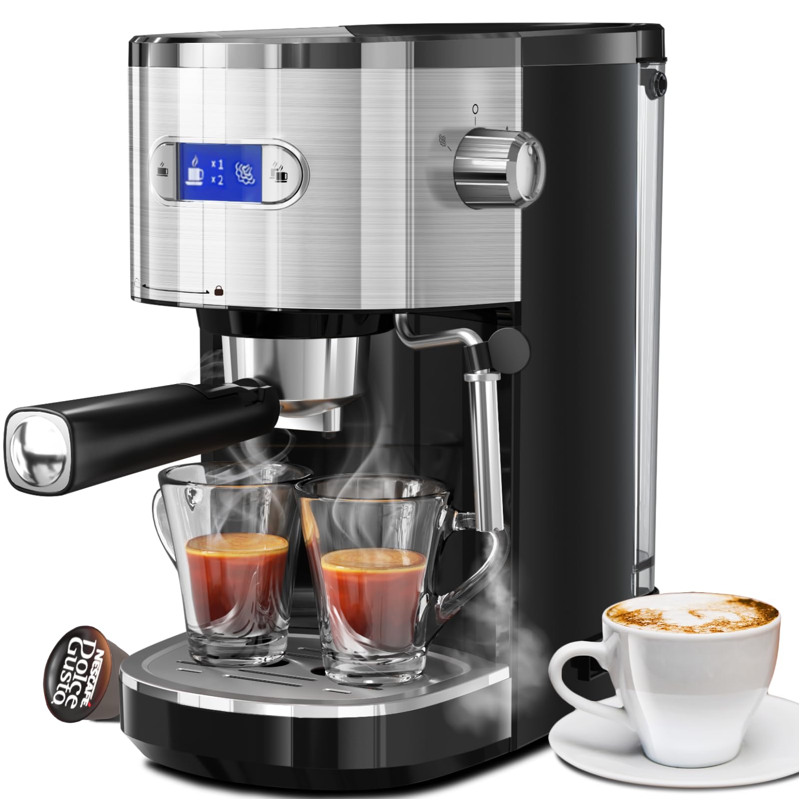 Kismile 20-Bar Professional Espresso Machine with Milk Frother & Capsule Compatibility - Removable Water Tank for Latte & Cappuccino (Black) | Perfect for Home Baristas & Coffee Lovers