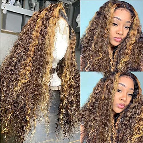 QUINLUX 13X6 Lace Front Wigs for Black Women - 16Inch Deep Wave Ombre Blonde Human Hair Wig with HD Transparent Lace, Pre-Plucked Bleached Knots, 180% Density - Perfect for Daily Wear, Parties, and Special Occasions
