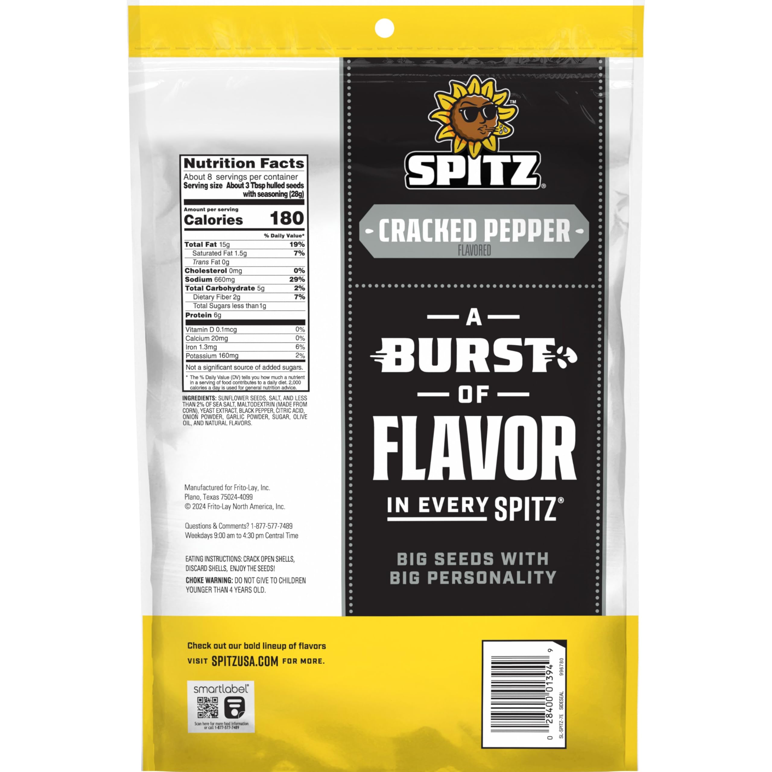 Spitz Sunflower Seeds - Cracked Pepper Flavor, 16 Oz Resealable Bag - Healthy Snacks for Hiking, Road Trips & Office Breaks