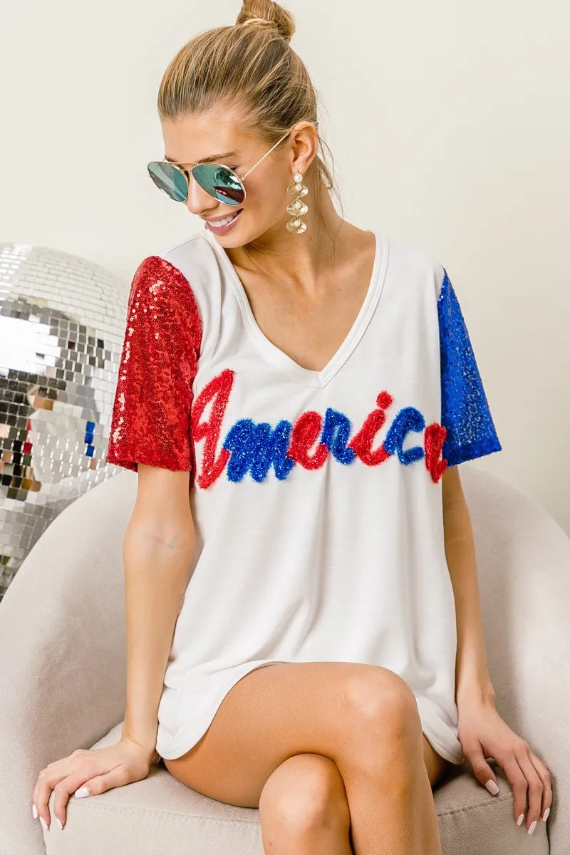 BiBi Metallic Letter V-Neck Sequin Sleeves Top for Women | Party Wear, Club Outfit, Evening Dress, Special Occasion Fashion
