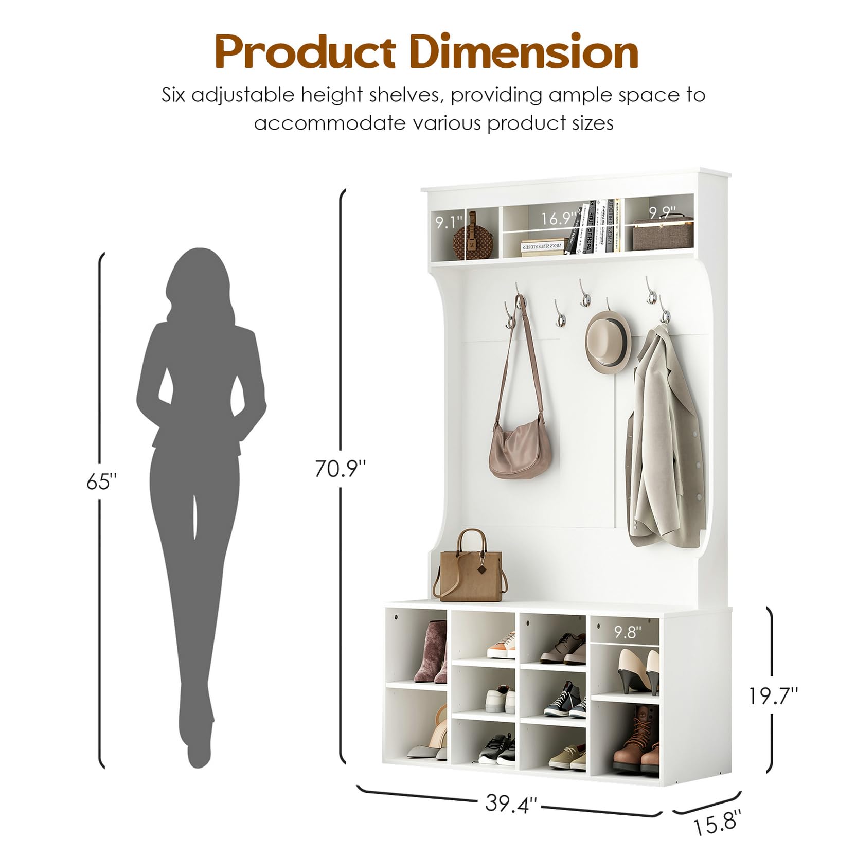 Soohow 70.9 Inches Freestanding Entryway Hall Tree with Bench, 7 Coat Hooks & Shoe Storage - Adjustable Mudroom Organizer for Entryway, Foyer or Laundry Room Organization