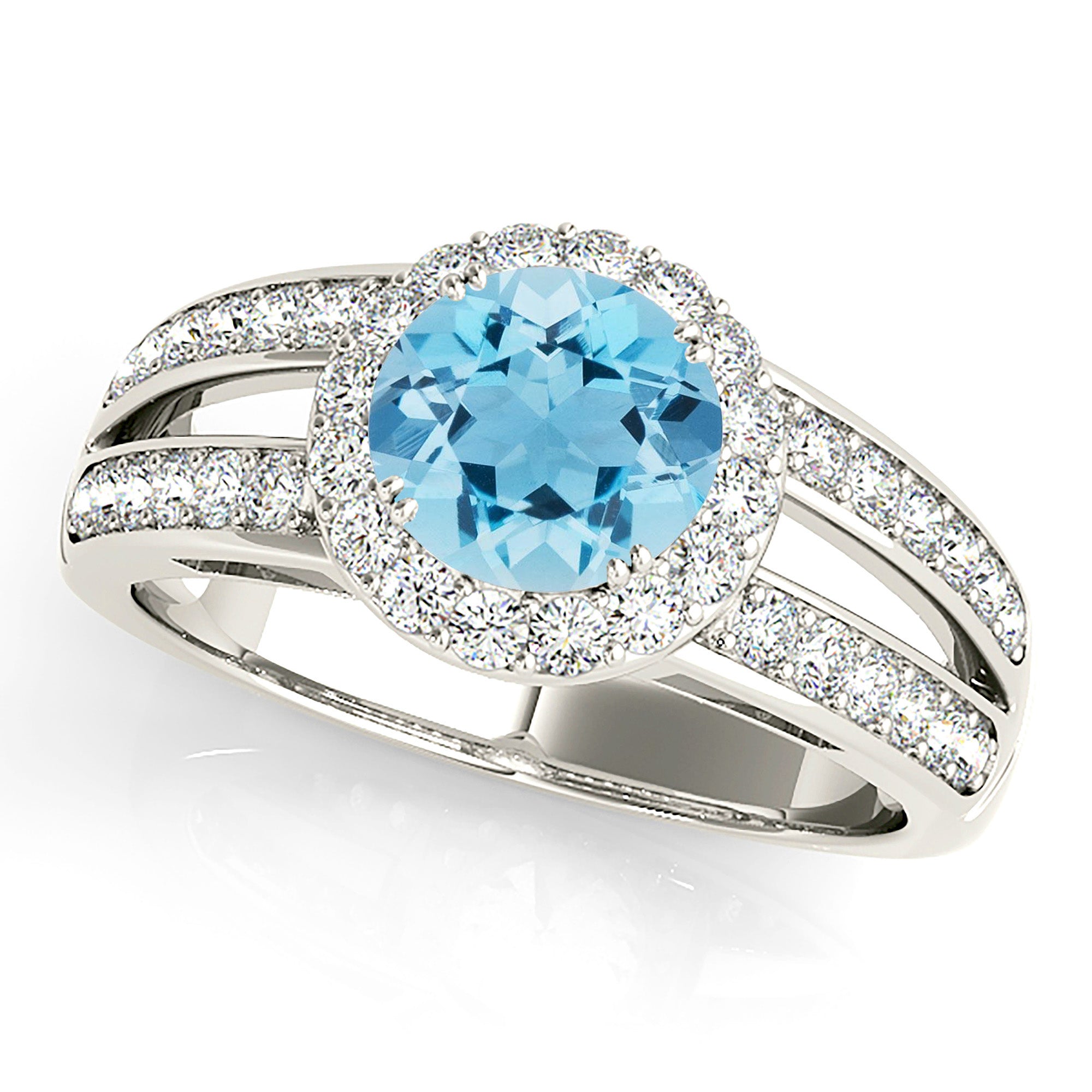 1.10 Carat Genuine Aquamarine Halo Ring with Split Diamond Band - Elegant Engagement, Wedding & Anniversary Jewelry Gift for Women