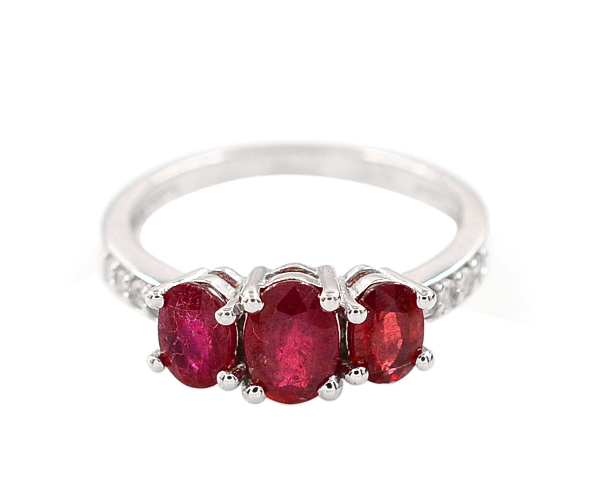 925 Sterling Silver Natural 7X5mm Oval Cut Red Ruby July Birthstone Three Stone Cluster Ring - Unisex Engagement Promise Ring for Women, Girlfriend, Wife - Perfect for Anniversary, Valentine's Day & Romantic Gifts