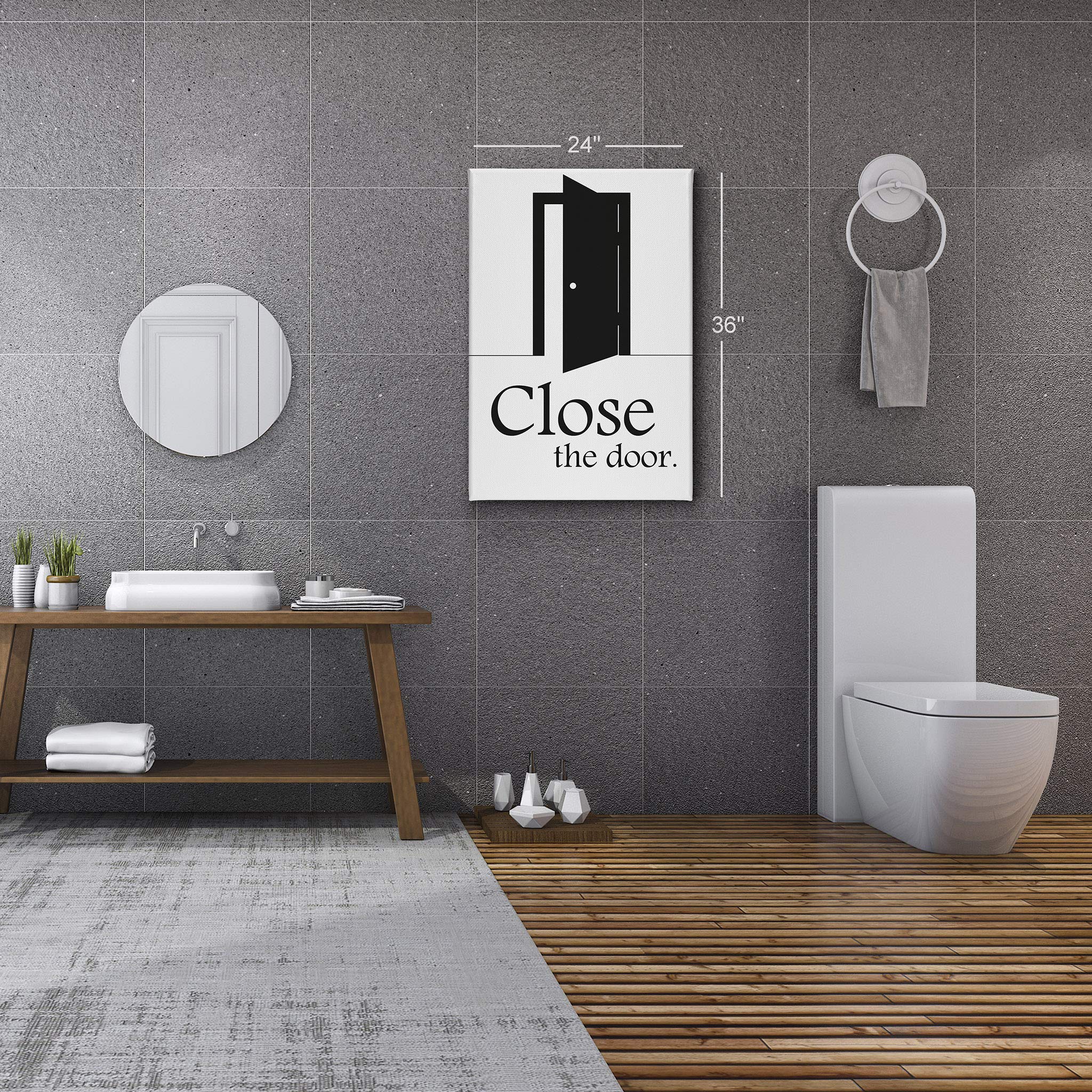 Funny Bathroom Sign Canvas Print - Smile Art Design 'Close The Door' Wall Decor - 40x30 Inch Ready to Hang Bathroom Wall Art - Made in USA - Perfect for Powder Rooms, Guest Baths & Home Decoration