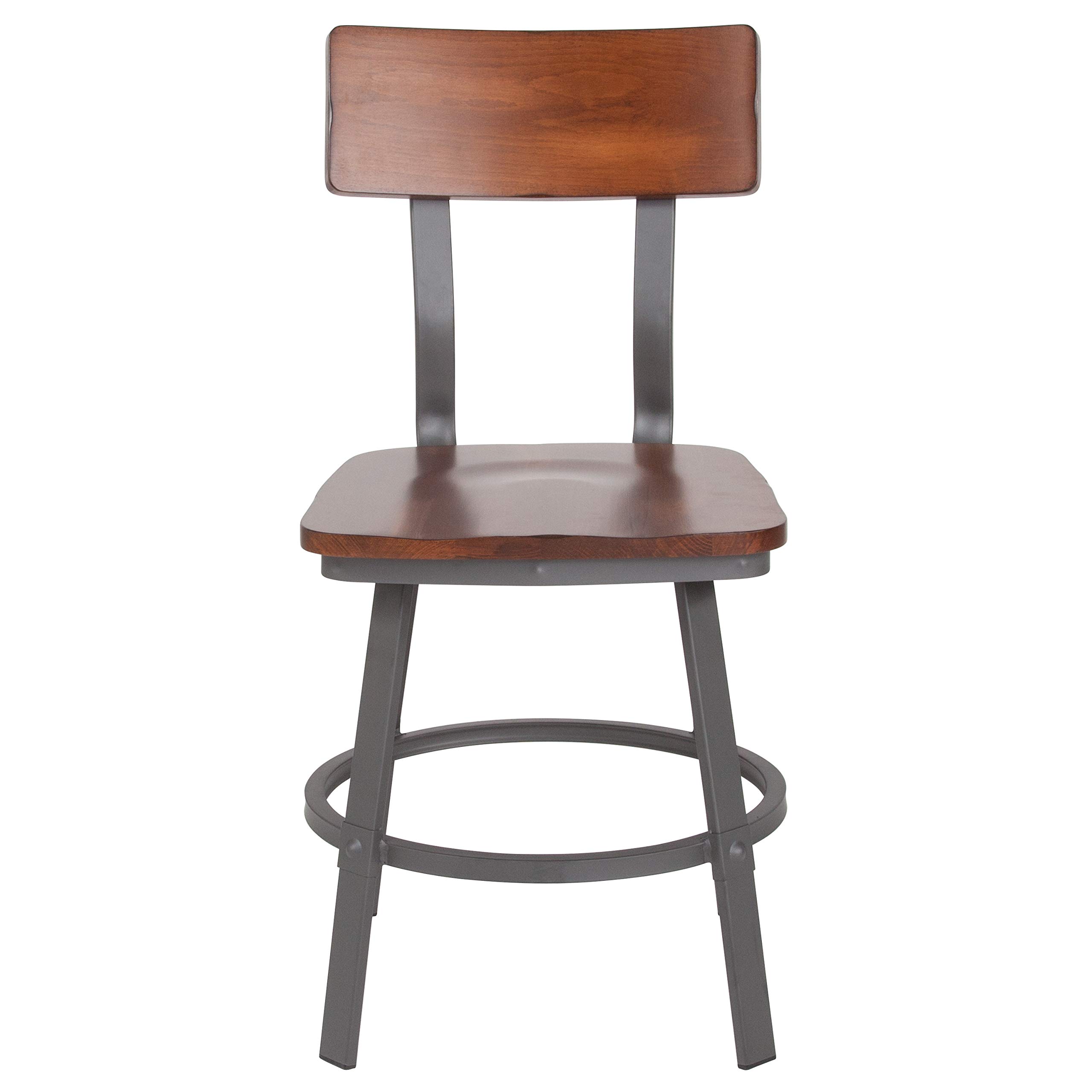 EMMA + OLIVER Rustic Walnut Dining Chair with Wood Back & Seat, Gray Metal Frame - Perfect for Farmhouse Kitchen, Dining Room & Restaurant Decor