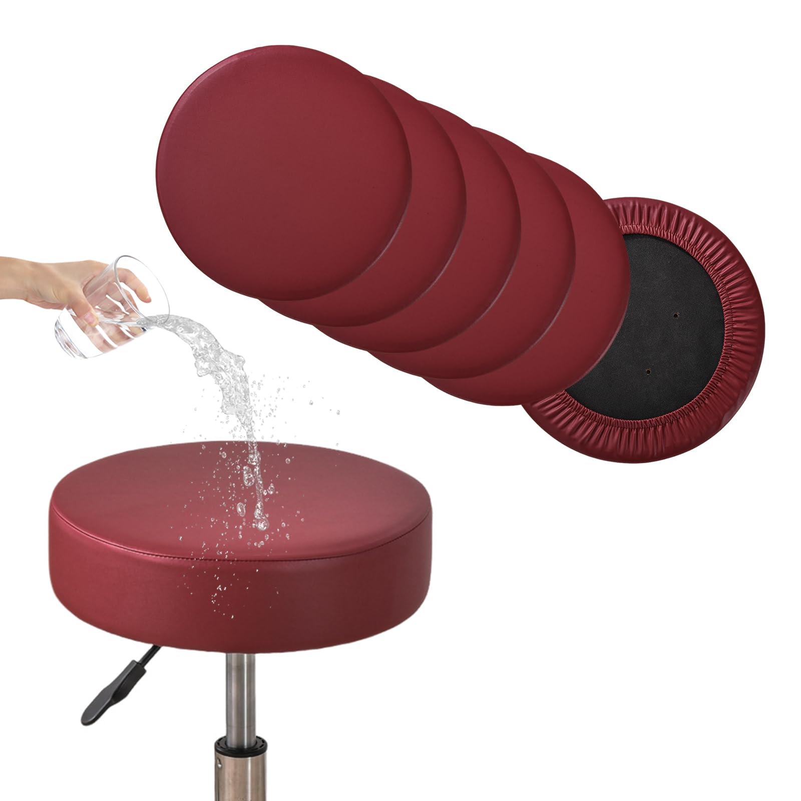 FUANGUI Round Bar Stool Covers Set of 6 - Waterproof PU Seat Covers with Elastic Bands, Washable Chair Slipcovers for 12-15 Inch Bar Stools - Perfect for Kitchen Counter, Breakfast Nook & Wine Bar Decor