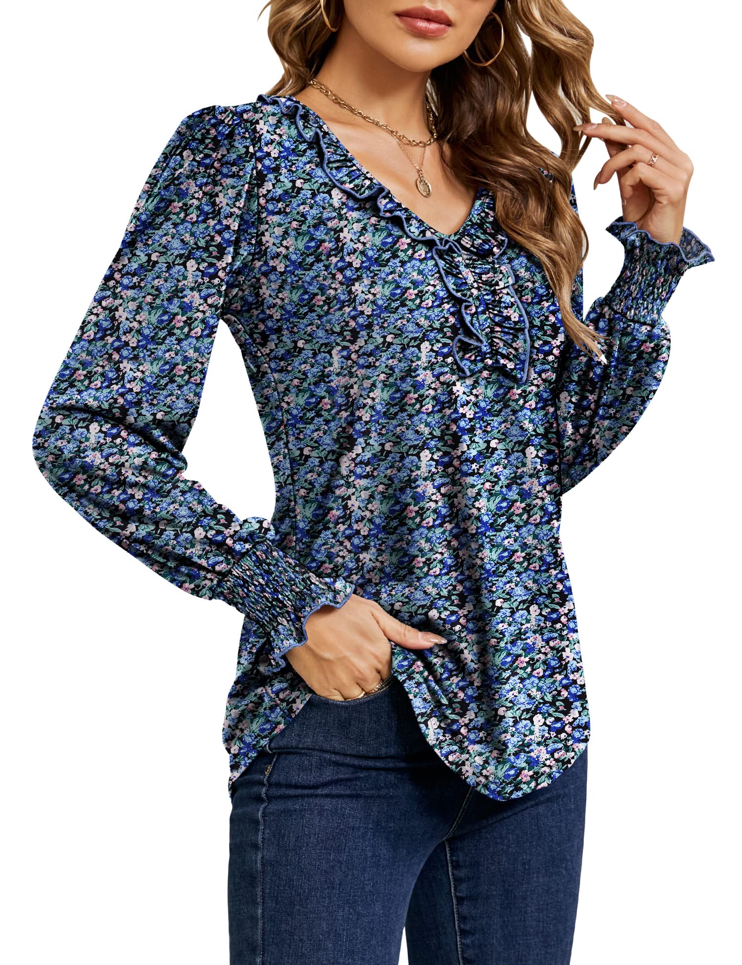 Ivicoer Women's Long Sleeve Ruffle V-Neck Blouse - Business Casual T-Shirt Top with Smocked Cuffs for Office, Date Night & Fall Outfits