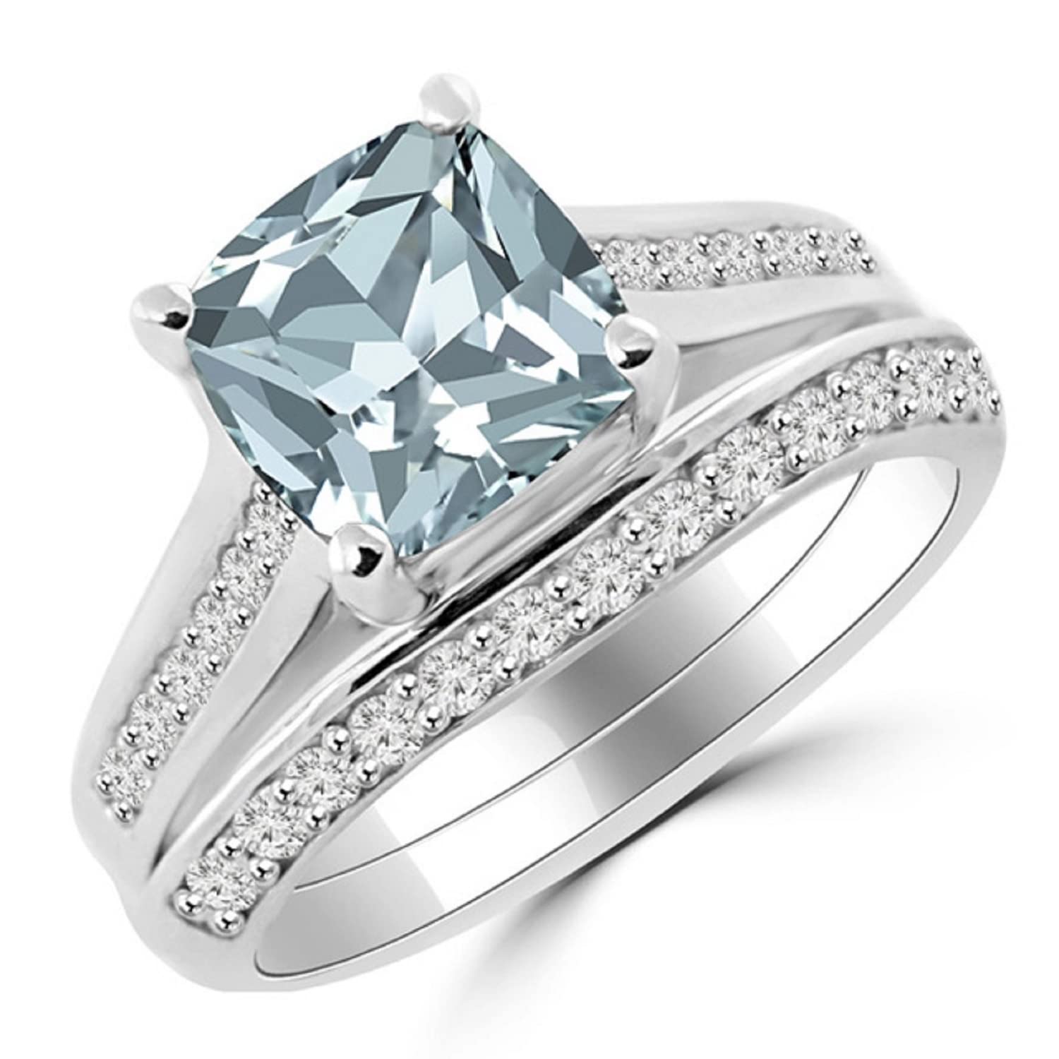 Elegant 14K White Gold Plated Cushion Cut Aquamarine Wedding Ring Set for Women - Diamond Bridal Band Ring Set for Engagement, Anniversary & Special Occasions