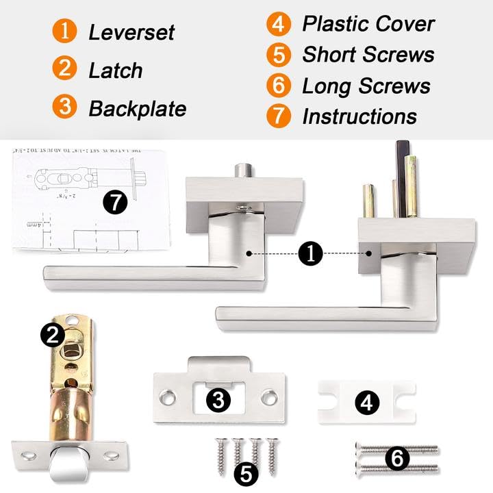 Probrico 6 Pack Satin Nickel Square Door Levers - Heavy Duty Interior Non-Locking Passage Door Handles for Hall & Closet | Keyless Entry Leversets | Perfect for Bedrooms, Bathrooms & Storage Rooms