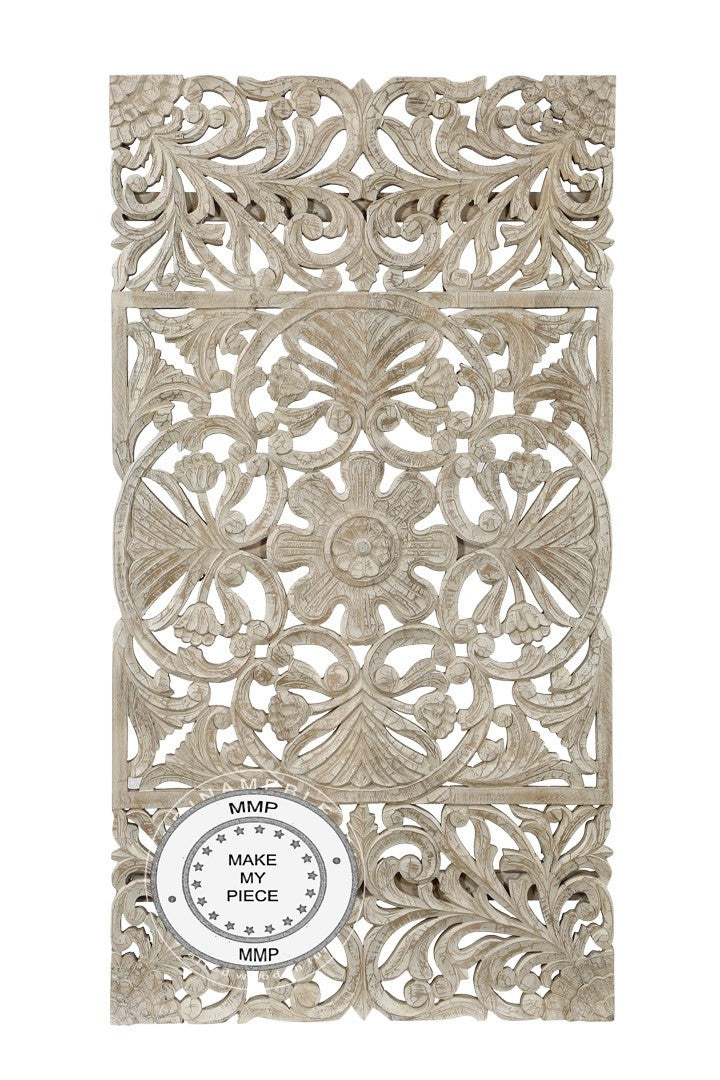 Exquisite Hand-Carved Indian Solid Wood Oriental Wall Panel - White | Traditional Asian Home Decor for Living Room, Bedroom & Meditation Spaces