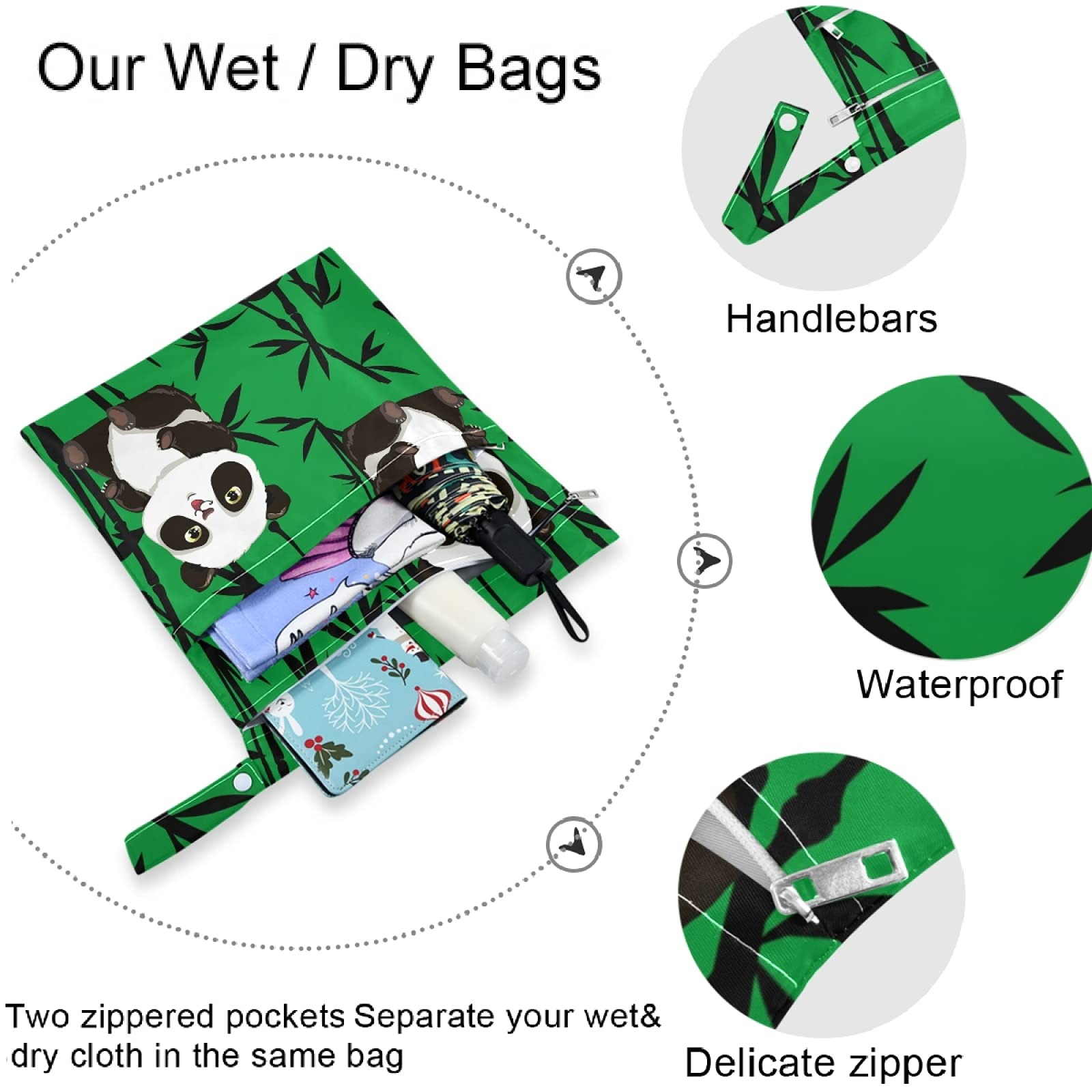 Visesunny Cute Panda Animal 2Pcs Wet Bag with Zippered Pockets - Washable & Reusable Travel Wet Bag for Swimsuits, Gym Clothes, Diapers - Perfect for Beach, Pool, Daycare, Stroller & Toiletries Storage