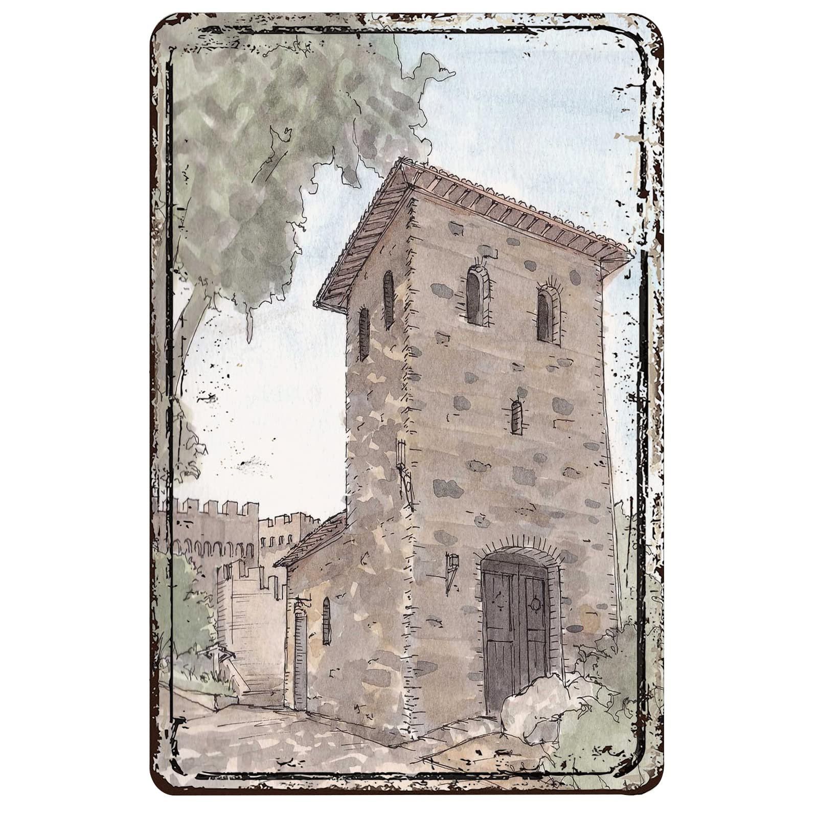 Castello Di Amorosa Metal Wall Art - 12x16 Inch California Winery Vineyard Castle Sketch - Hand-Drawn Pen & Ink Metal Art Decor for Home, Office & Wine Cellar - Perfect Gift for Wine Lovers & Architecture Enthusiasts