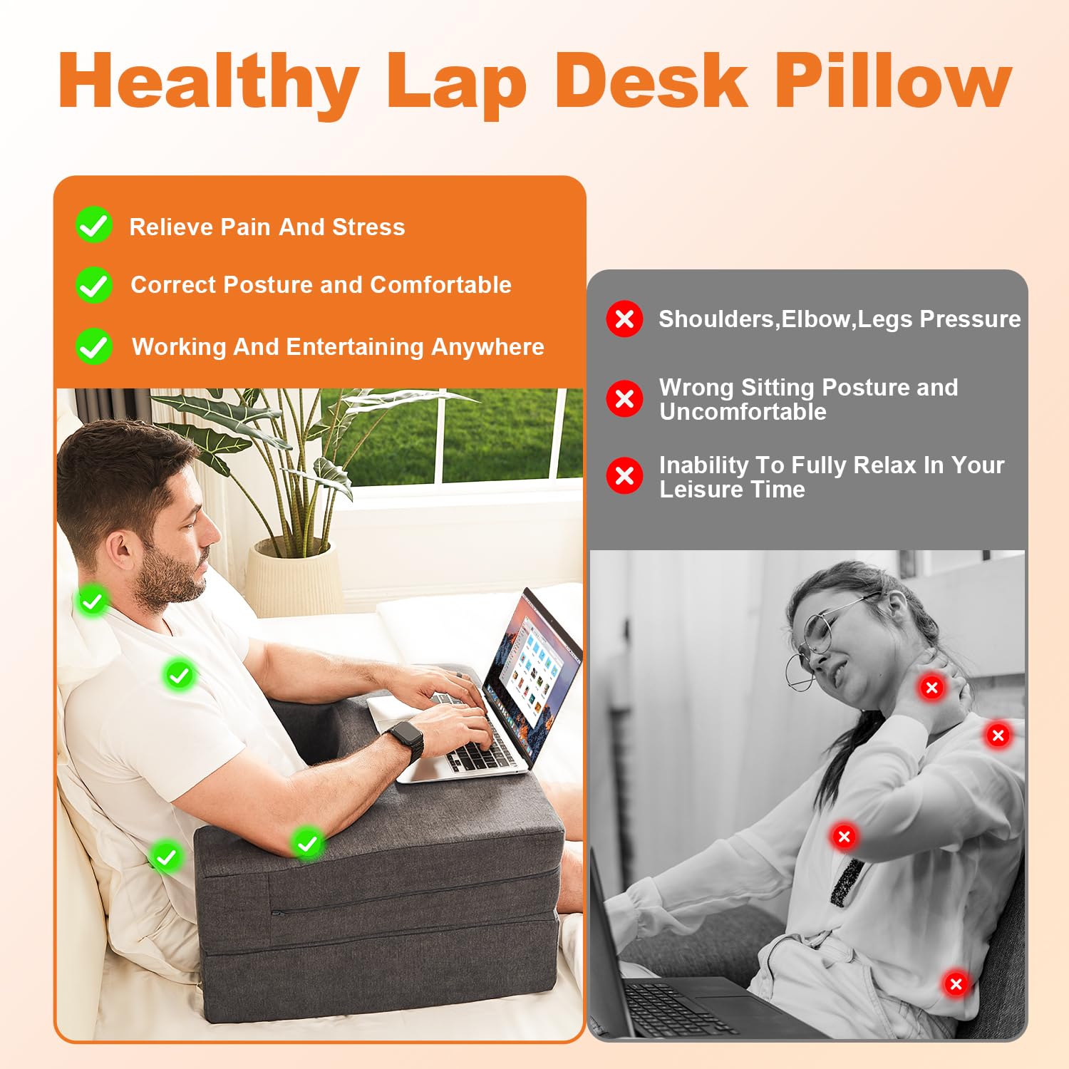 Memory Foam Lap Desk Pillow for Adults - Portable Bed & Sofa Workstation with Cup Holder & Arm Rest - Perfect for Reading, Working, Crocheting & Laptop Use in Bed, Floor or Couch (Grey)
