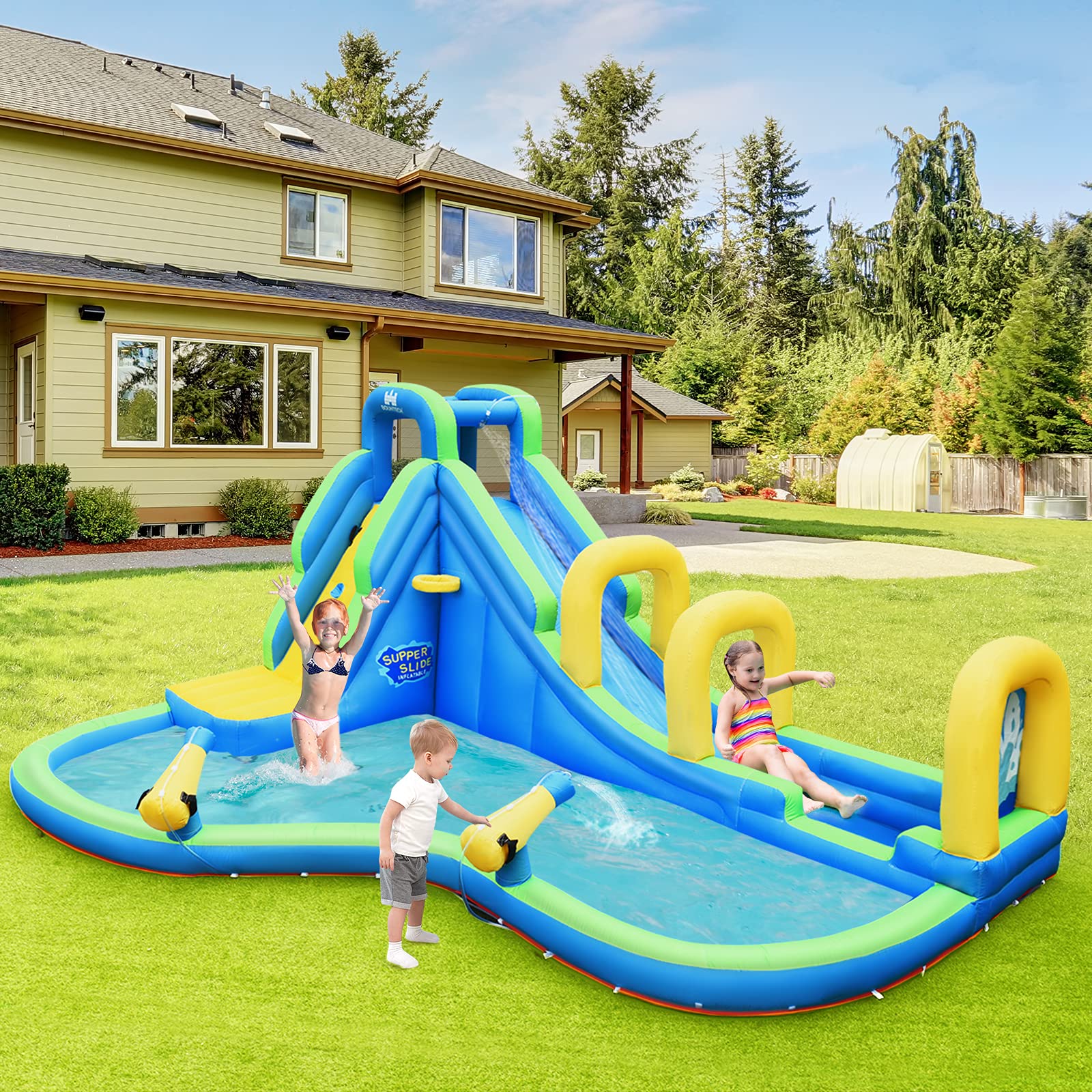 HONEY JOY 5-in-1 Inflatable Water Slide Park with Water Cannons & Bounce House - Large Backyard Water Slide for Kids & Adults - Outdoor/Indoor Summer Party Fun (Blower Not Included) | Perfect for Birthday Parties, Family Gatherings & Backyard Water Play