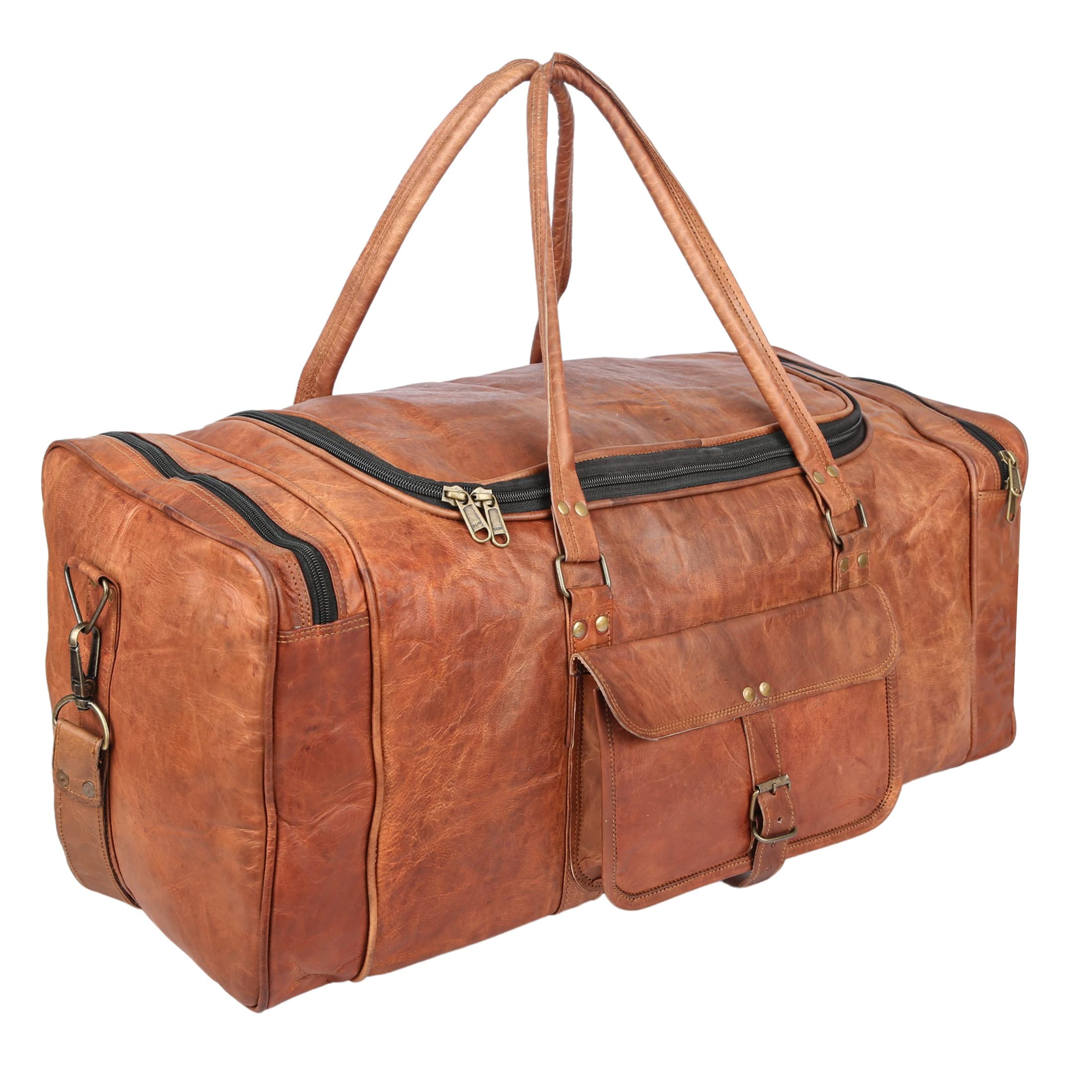 Premium Leather Duffel Weekender Bag - Waterproof Canvas Overnight Travel Carry On Tote with Adjustable Luggage Strap - Perfect for Business Trips, Gym & Weekend Getaways (Men & Women)