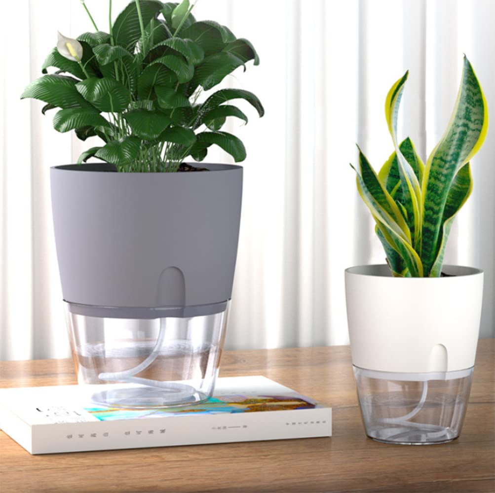 Self Watering Planters 4 Pack – 4.1 Inch African Violet Pots with Transparent Water Reservoir, Modern Decorative Indoor Flower Pots for House Plants, Succulents, Herbs – Perfect for Home, Office, Kitchen Decor (Gray)