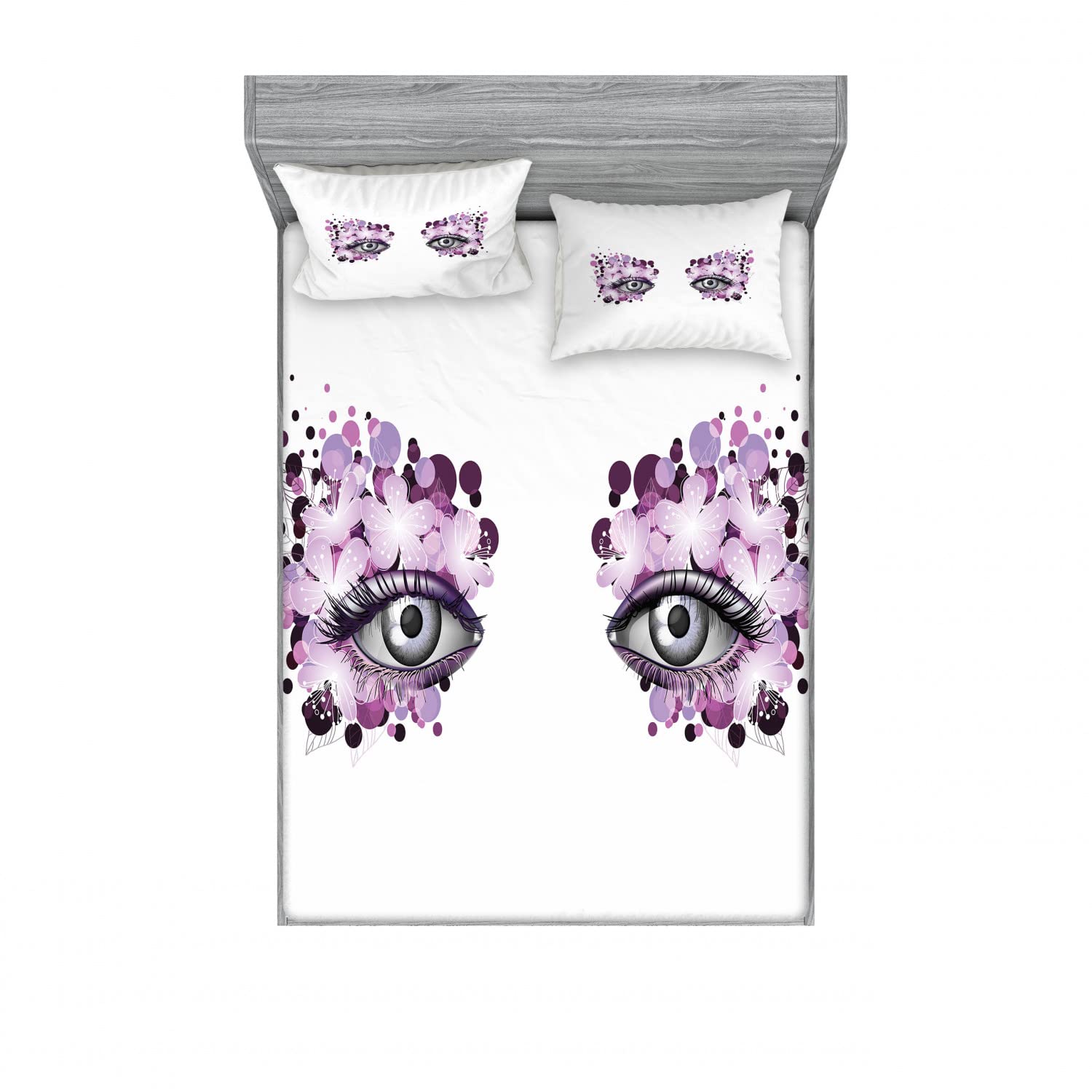 Ambesonne 2-Pack Full Size Fitted Sheet & Pillow Sham Set - Fantasy Blossom Floral Design, 4-Piece Bedding Set (2 Fitted Sheets + 4 Pillow Covers) in Violet Lilac Grey | Soft Microfiber Sheets for Bedroom Decor, Guest Room & Dorm Essentials | Wrinkle-Resistant & Easy Care