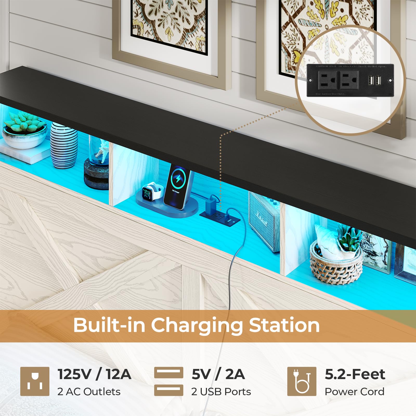 Farmhouse Queen Size Bed Frame with Storage Headboard & Ottoman - USB Charging Station, LED Lights, Metal Slats Support, No Box Spring Needed (Antique White) - Perfect for Small Bedrooms, Guest Rooms & Cozy Farmhouse Style Homes