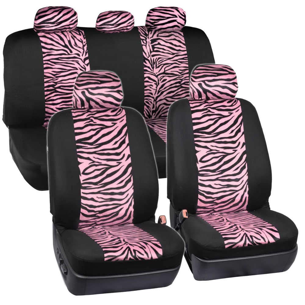 BDK Velvet Zebra Pink Car Seat Covers Full Set - Universal Fit with Seat Belt Pads & Steering Wheel Cover | Soft Luxury Car Interior Accessories for Sedans, SUVs & Trucks