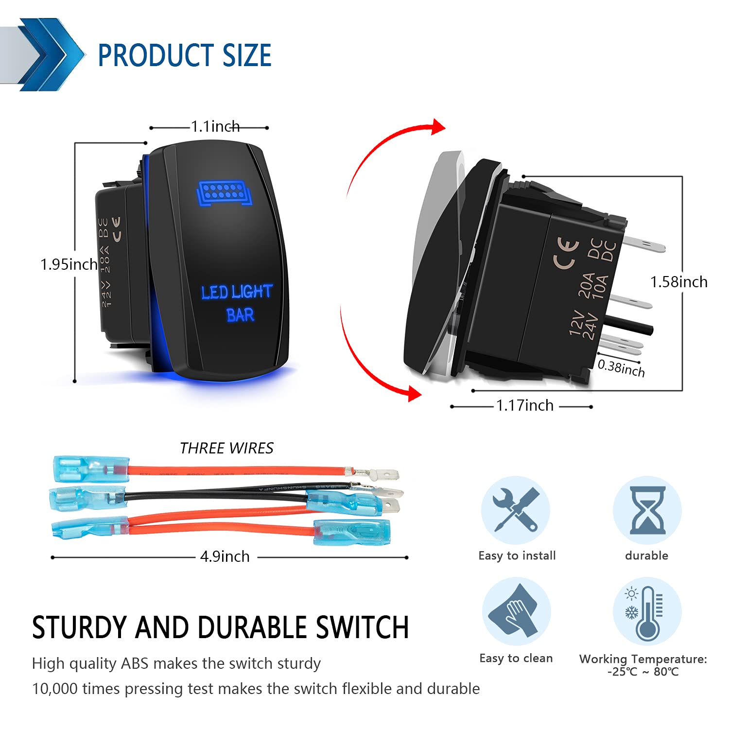5-Pin LED Light Bar Rocker Switch with Blue Laser On/Off Indicator - 20A/12V & 10A/24V Toggle Switch with Jumper Wires - Ideal for Automotive, Marine, Truck, Jeep, Off-Road, Bus & RV Lighting Systems