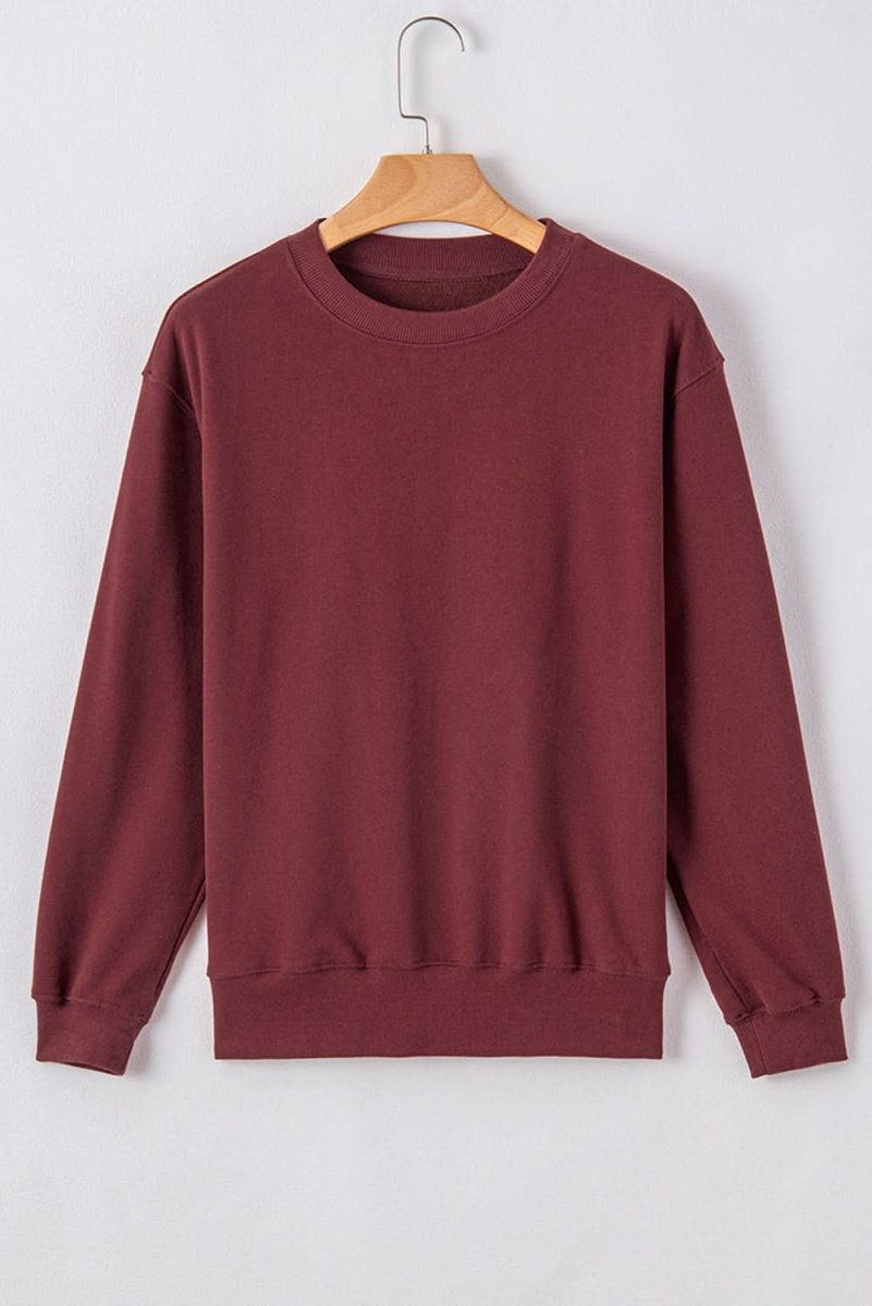 Burgundy Plain Drop Shoulder Crewneck Pullover Sweatshirt for Women - Casual Loose Fit Long Sleeve Sweater for Fall Winter Fashion, Lounge, Travel & Everyday Wear