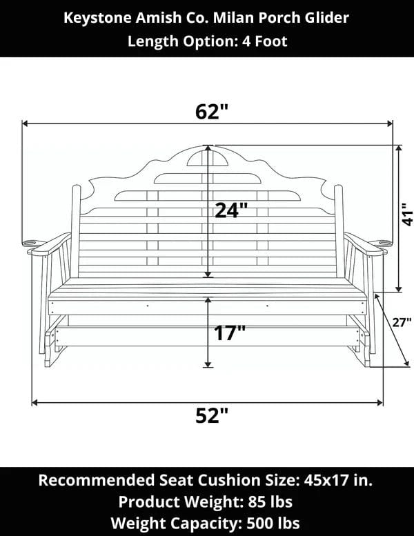 Keystone Amish Co. Milan Porch Glider - Handcrafted Wooden Swing Bench for Outdoor Patio, Garden, and Backyard Relaxation