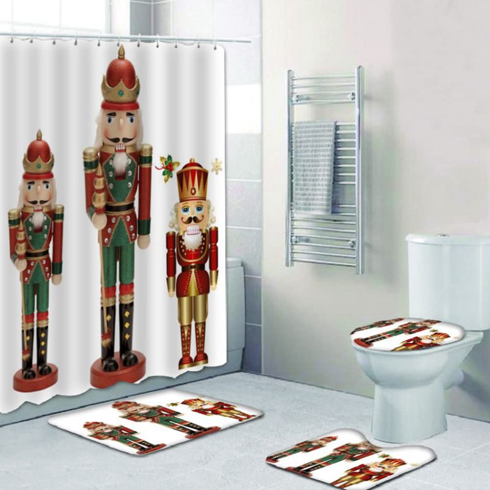 Christmas Nutcracker Shower Curtain Set with 12 Hooks - Includes Non-Slip Bath Rug, Toilet Lid Cover & Bath Mat (4-Piece Holiday Bathroom Decor) - Perfect for Festive Bathroom Makeovers & Christmas Home Decorating