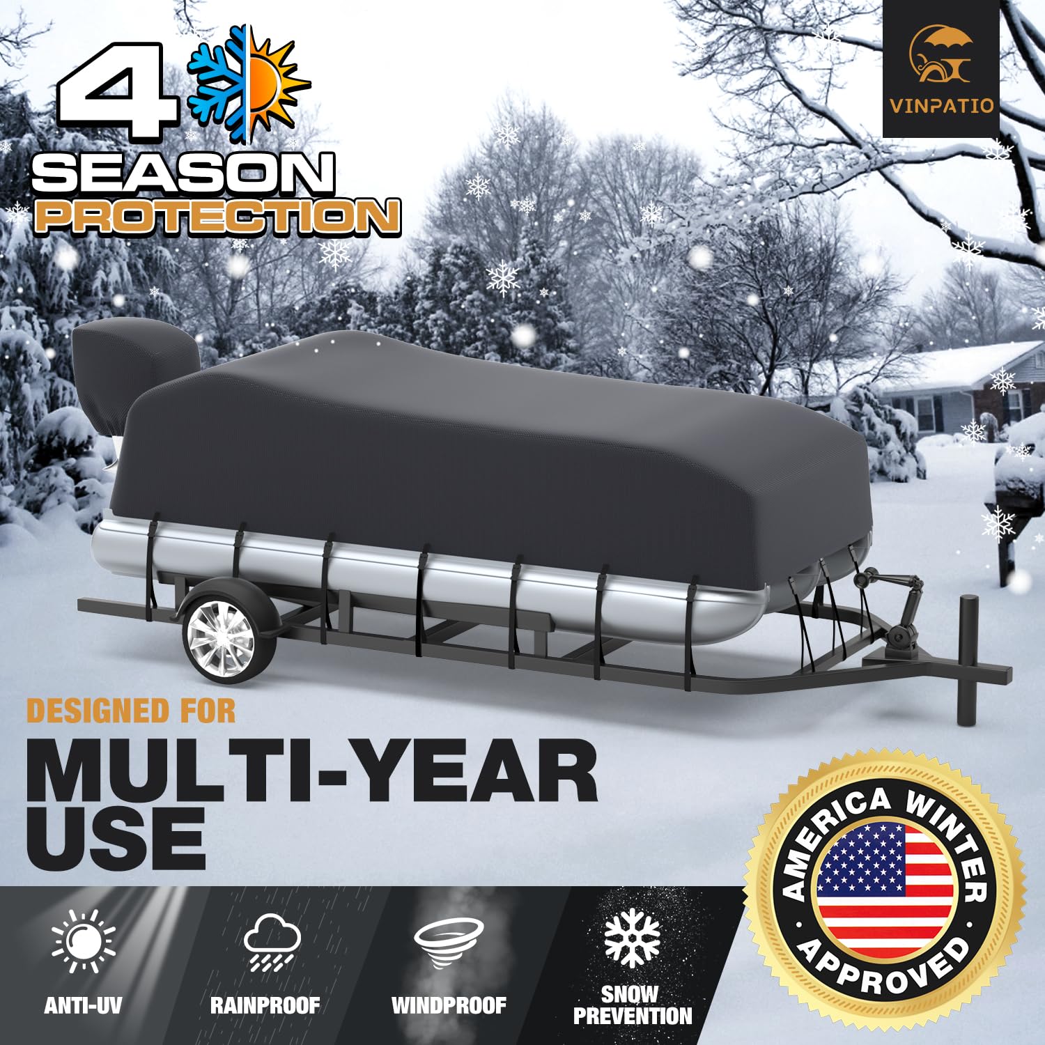 800D Heavy-Duty Pontoon Boat Cover with Motor Cover - Waterproof, UV-Resistant (Grey, Fits 14'-17' Length & 96