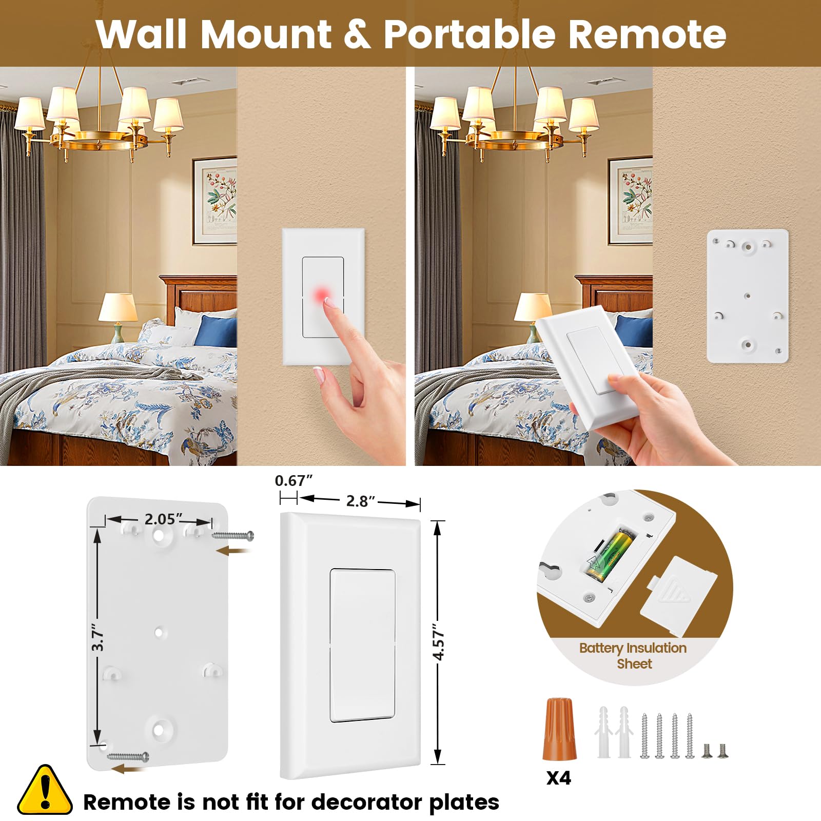 Suraielec 3-Way Wireless Light Switch - No Wiring Required, 15A High Power, 100ft Range, Neutral Wire & Grounding - Expandable Remote Control for Lamps, Ceiling Lights & Fans | Perfect for Bedroom, Living Room & Home Automation