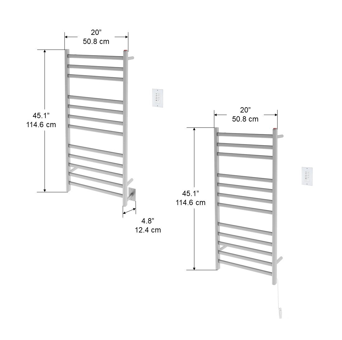 Prima Dual XL 12 Bar Hardwired & Plug-in Electric Towel Warmer - Brushed Stainless Steel with Wall Timer - Perfect for Bathrooms, Spas & Luxury Hotels