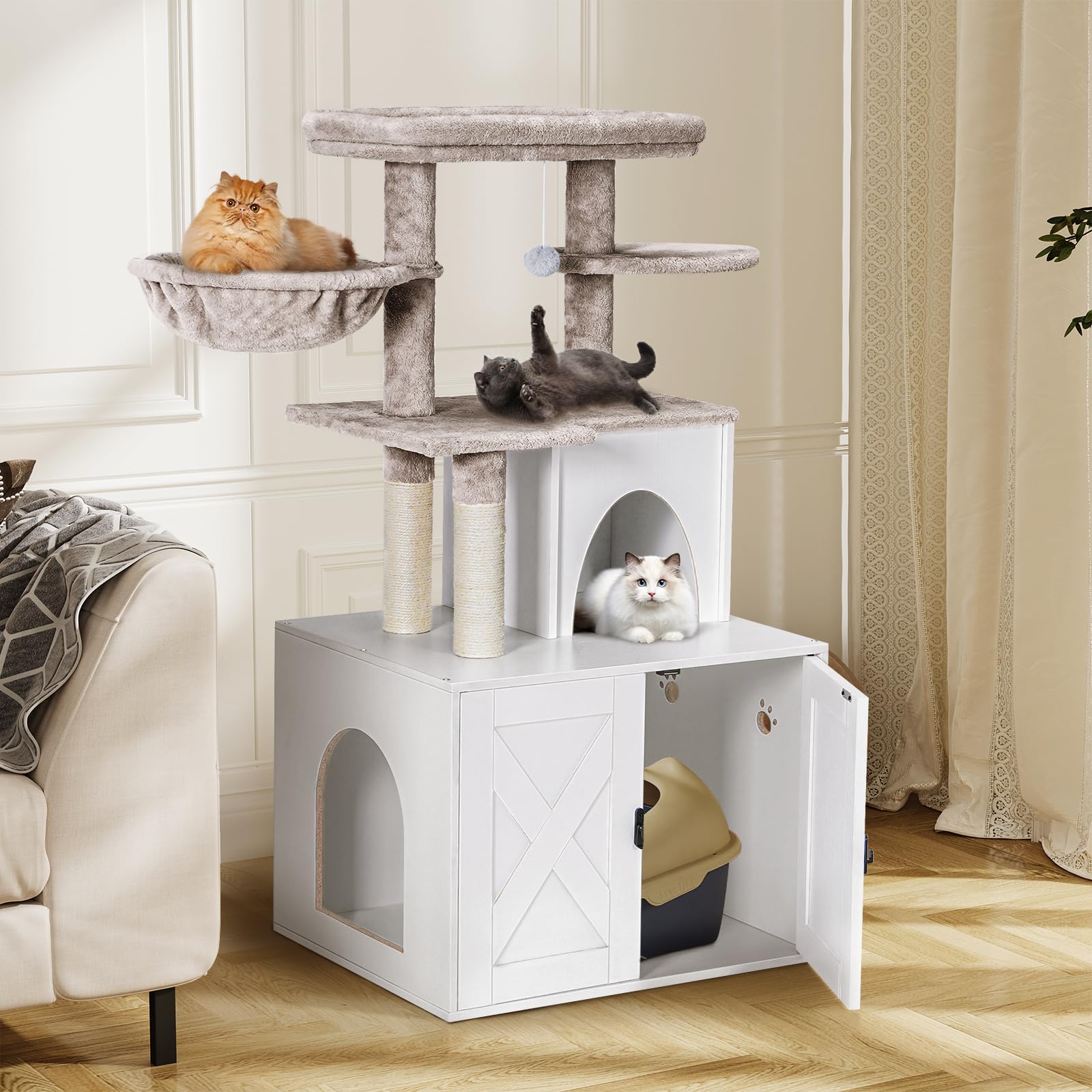 Snughome Wooden Cat Litter Box Enclosure with Cat Tree Tower & Condo - Hidden Cat Washroom Furniture with Sisal Scratching Post, Soft Plush Perch & Multiple Platforms - White - Perfect for Small Spaces & Multi-Cat Homes