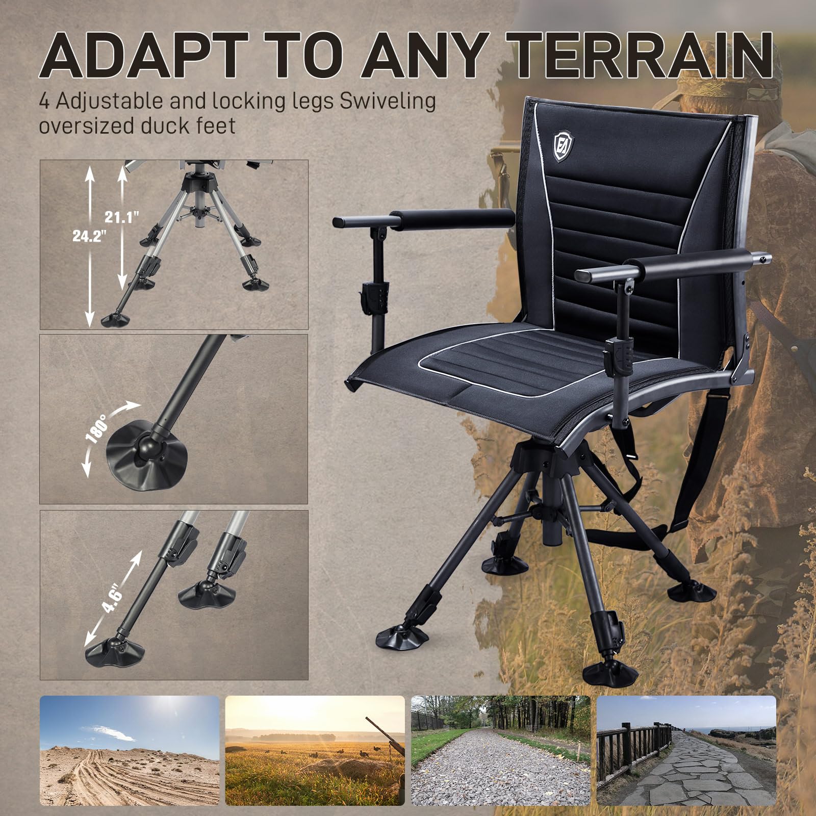 EVER ADVANCED 360° Silent Swivel Hunting Chair - Adjustable Folding Seat for Hunting Blinds, Fishing & Outdoor Activities - Supports 300lbs - Black - Perfect for Hunting, Fishing, Camping & Outdoor Relaxation