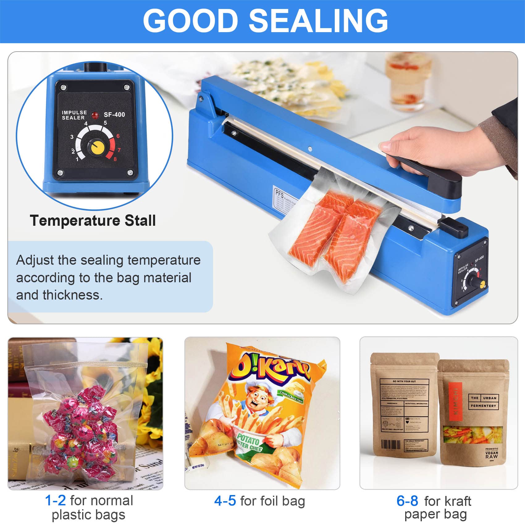 16 Inch Manual Impulse Bag Sealer with Adjustable Timer - Heat Sealing Machine for Poly Bags | Includes 50Pcs 4x6 Inch Shrink Wrap Bags & 2 Free Replacement Kits | Perfect for Food Packaging, Retail, and Shipping Protection