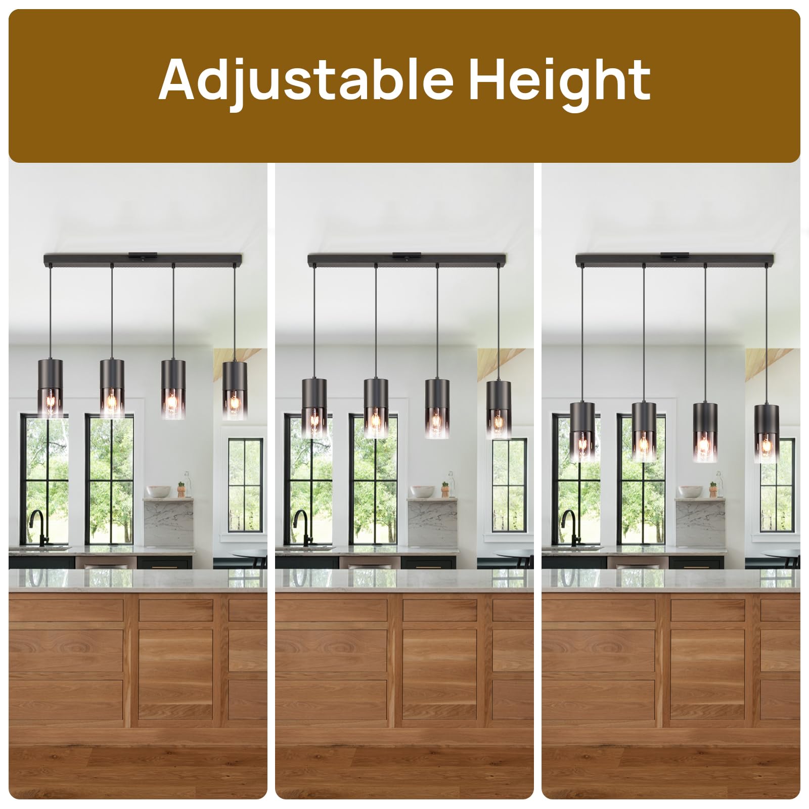 Industrial Black Glass Pendant Light - Farmhouse Kitchen Island Lighting with 3 E26 Bulbs & 59