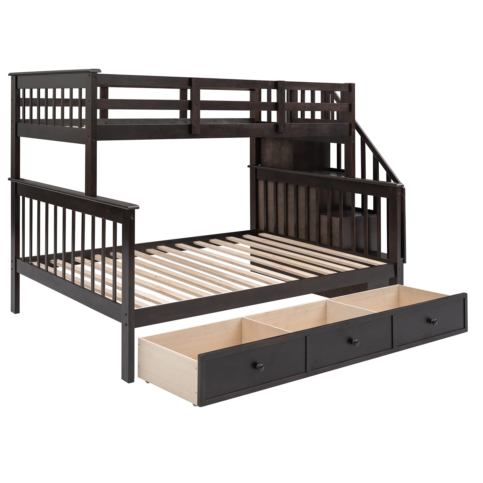 Twin Over Full Bunk Bed with Storage Drawer & Stairway - Solid Wood Bunk Beds for Kids with Storage Shelf, Full-Length Guard Rail - No Box Spring Needed (Espresso Finish) - Perfect for Small Bedrooms, Shared Kids' Rooms & Space-Saving Solutions
