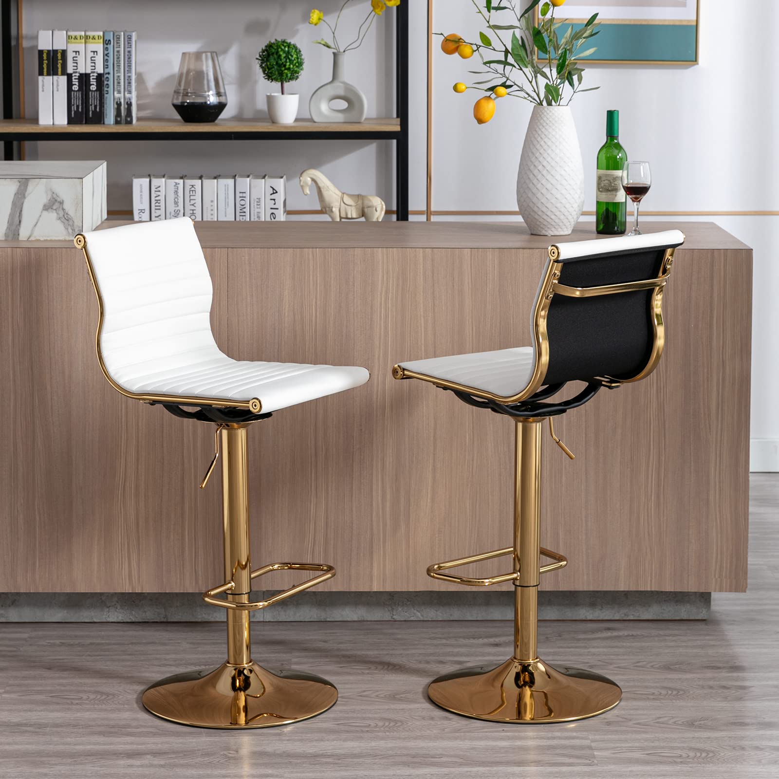 Premium White Bar Stools Set of 2 - Adjustable Counter Height Barstools with Faux Leather Upholstery & Sturdy Gold Base - Perfect for Kitchen Island, Breakfast Bar & Home Bar Decor (Modern Dining Furniture, 2-Pack)