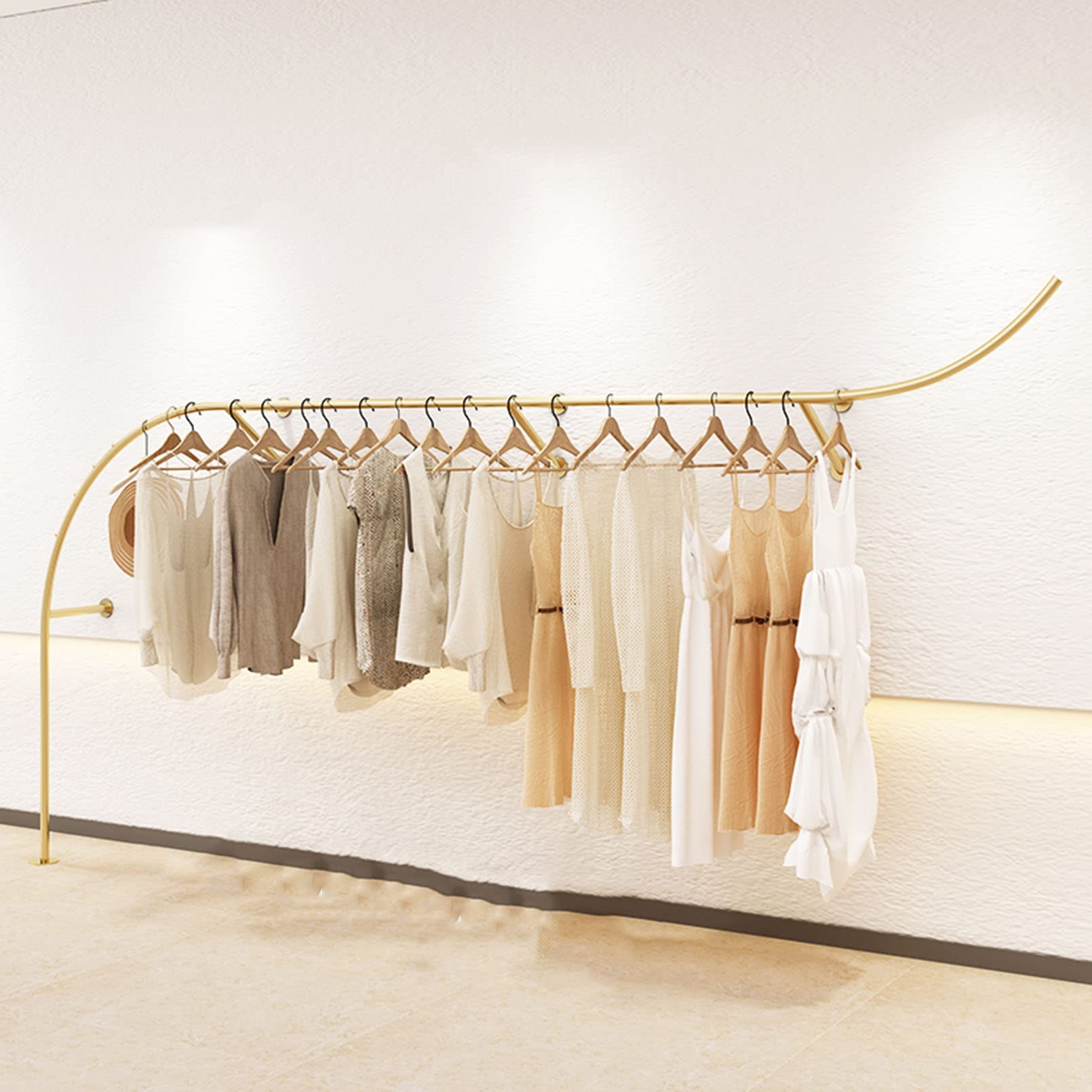 Gold Industrial Pipe Wall-Mounted Clothing Rack - Modern Boutique Display Shelf with 250cm Closet Rod for Home Cloakroom & Retail Store Organization | Perfect for Bedroom, Walk-In Closet, and Storefront Garment Display