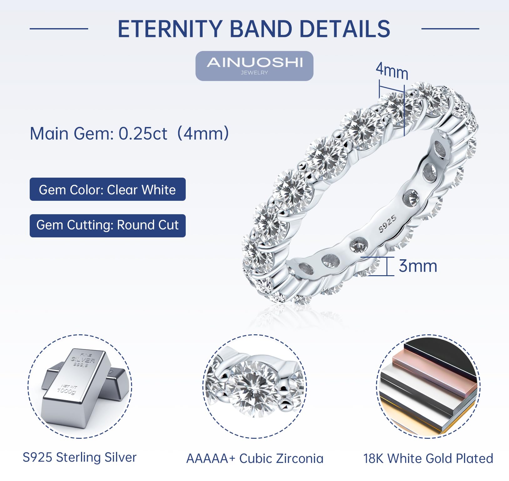 AINUOSHI 925 Sterling Silver Eternity Ring for Women - Emerald/Oval/Radiant/Round/Cushion Cut Cubic Zirconia CZ Wedding Band, Fine Jewelry Gift with Box (Perfect for Engagement, Anniversary & Special Occasions)