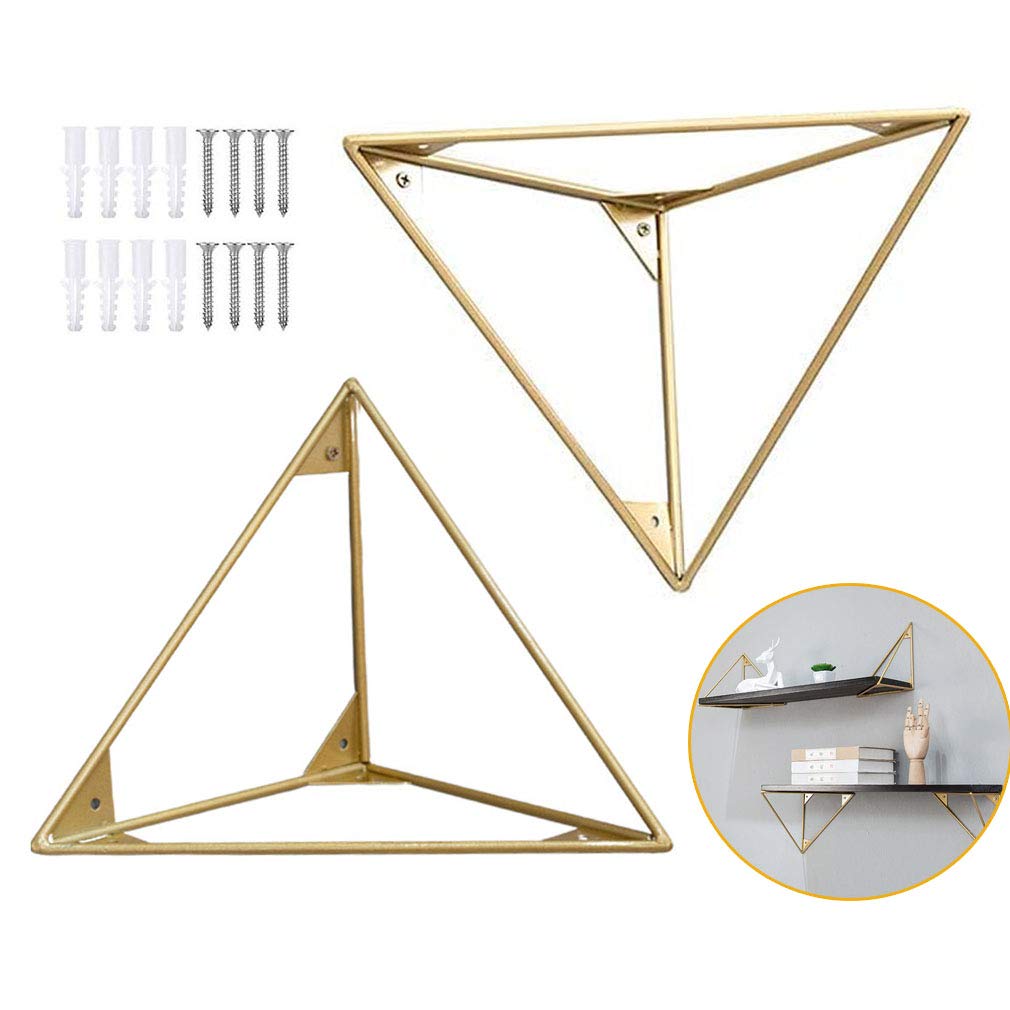NIANXINN 2-Pack Metal Iron Shelf Brackets - Heavy Duty Triangular Shelving Brackets, Hairpin Leg Prism Baffle Support - Decorative Corner Brace for Floating Laminate Shelves - Wall Mounted for Living Room, Bathroom, Kitchen, Bedroom (Gold, 20cm/8in) - Perfect for Home Organization & Decorative Storage Solutions