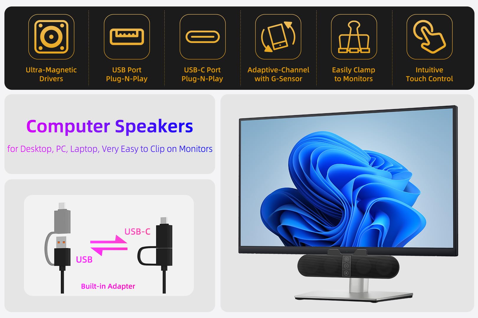 USB Computer Speakers for PC & Laptop - Clip-on Soundbar with Deep Bass for Gaming & Office Work