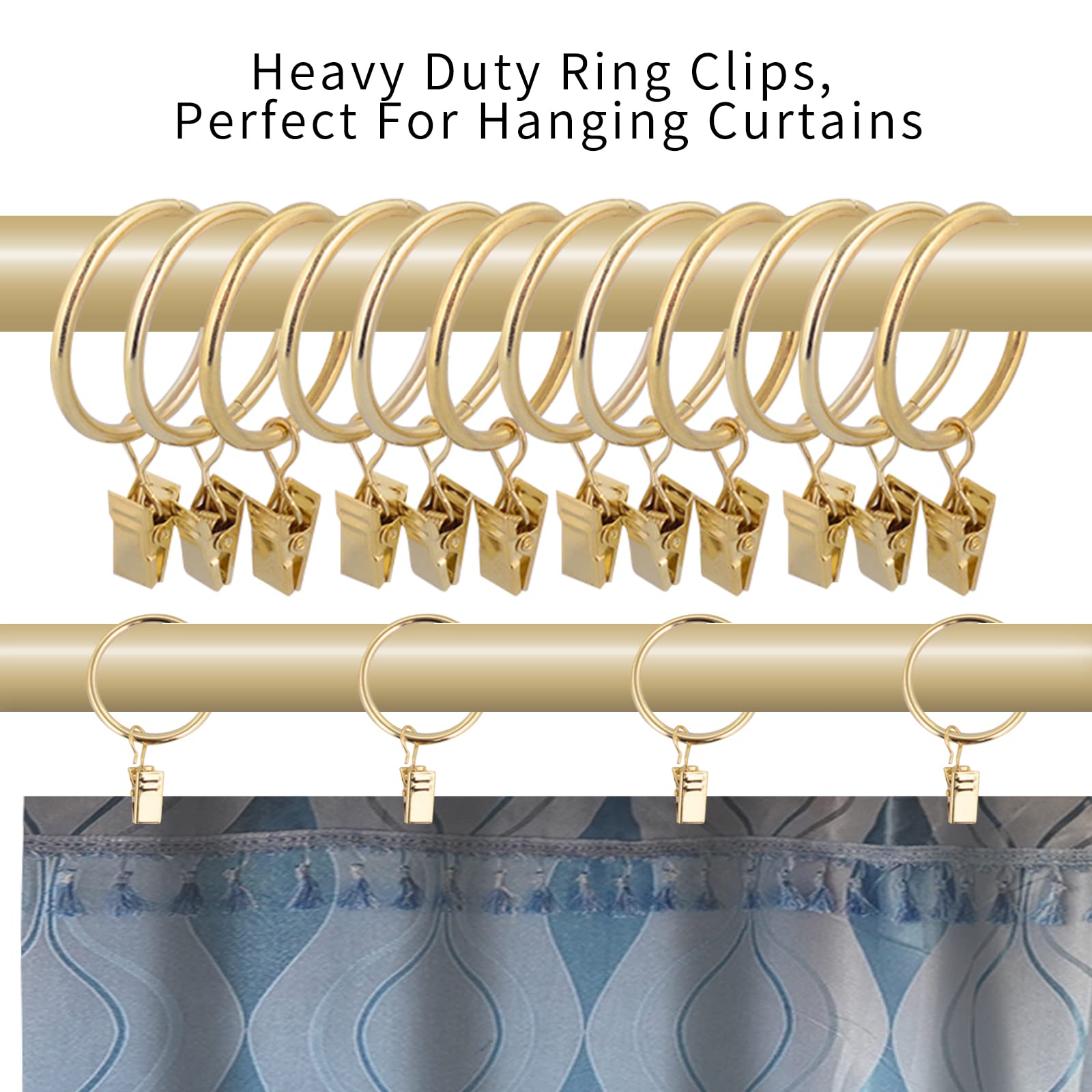 40 Pack 1.5 Inch Gold Metal Curtain Rings with Clips - Decorative Drapery Hanging Rings for Tension Rods, Bracket Eyelets & Window Treatments - Perfect for Living Room, Bedroom & Home Decor