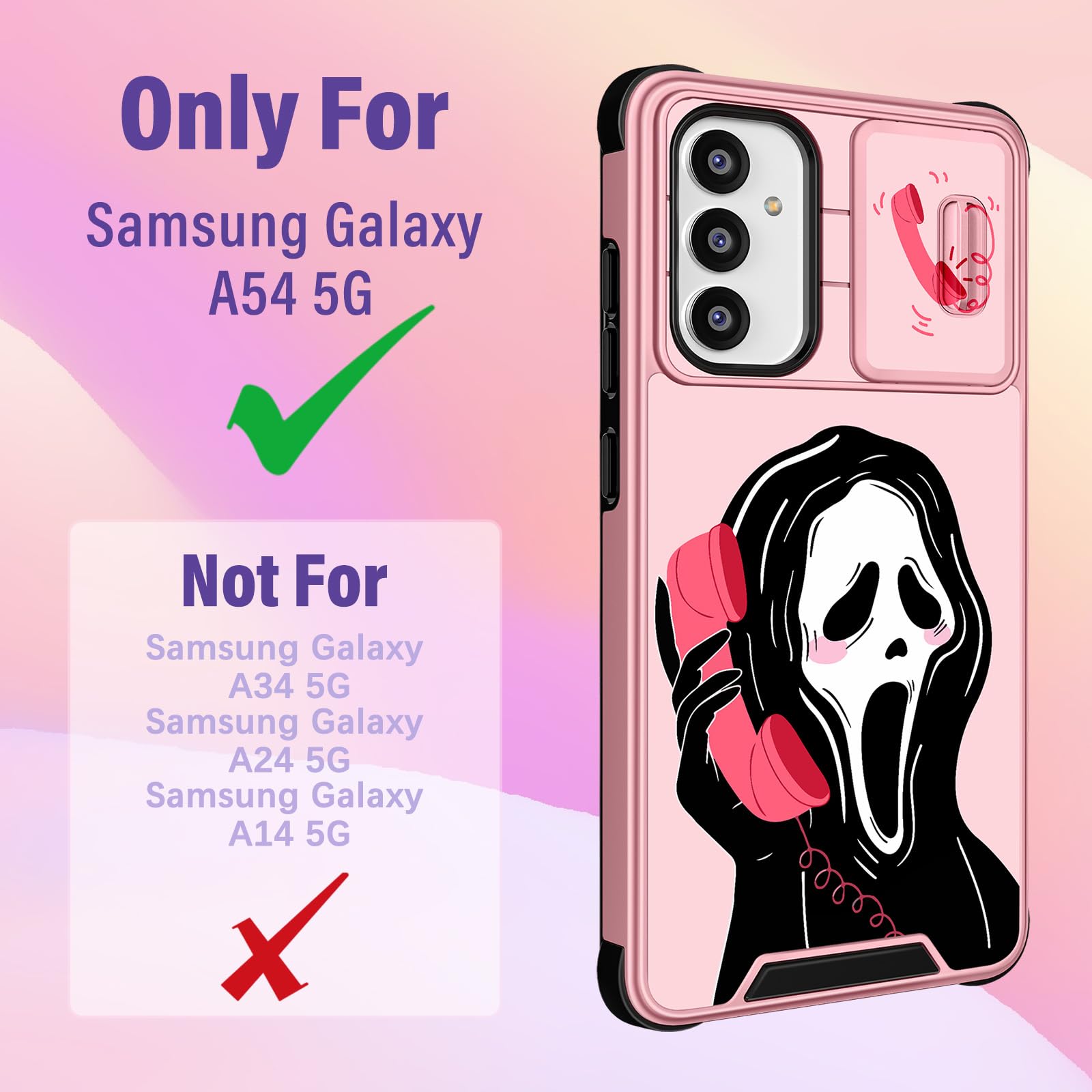 Samsung Galaxy A54 5G Case with Camera Cover & Ring Holder - Cute Girly Cartoon Shockproof Hard Phone Case for Women (6.4