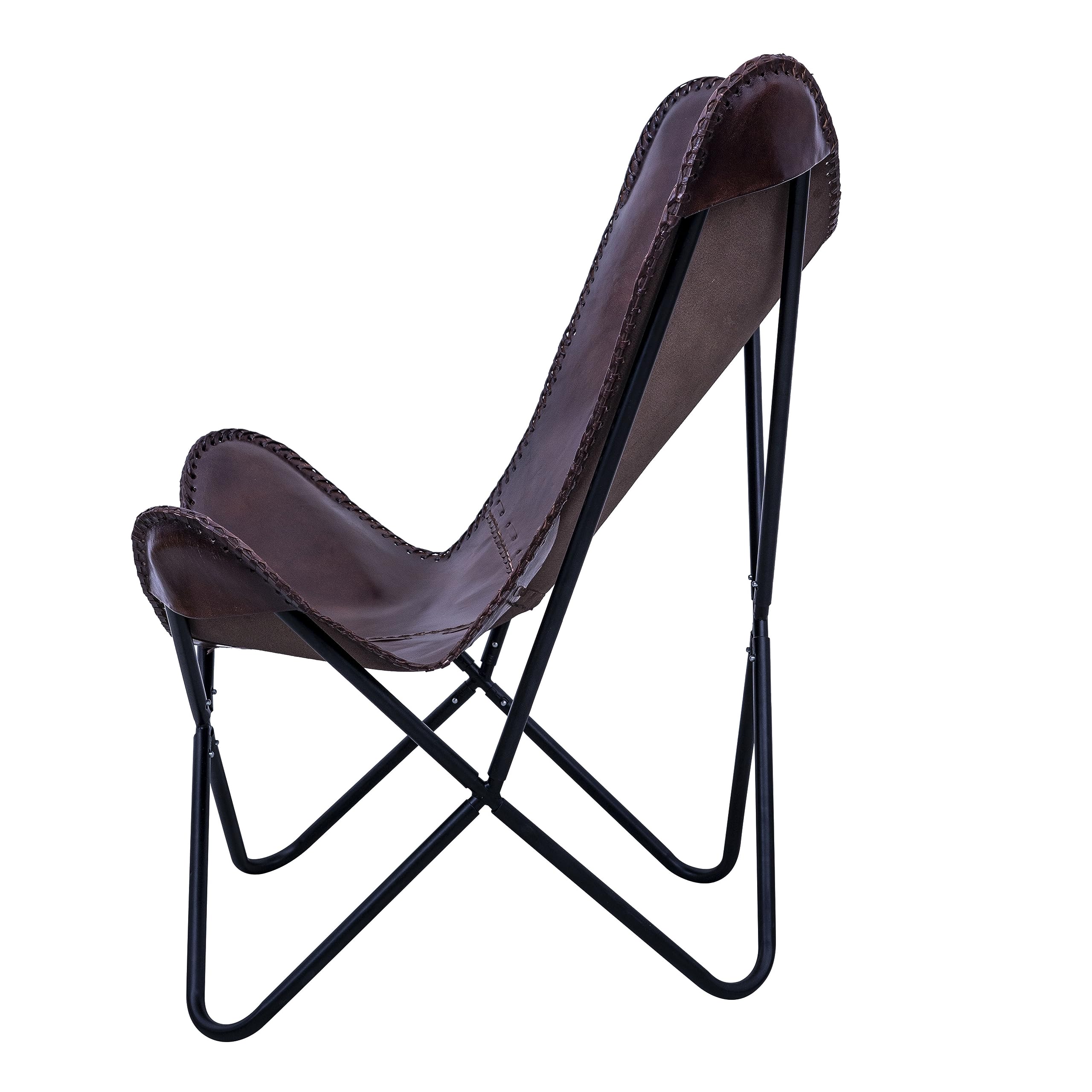 Genuine Leather Butterfly Chair - Handmade Accent Armchair with Iron Frame, Comfortable Lounge & Recliner, Hand-Stitched Industrial Design - Perfect for Living Room, Patio, or Office Relaxation