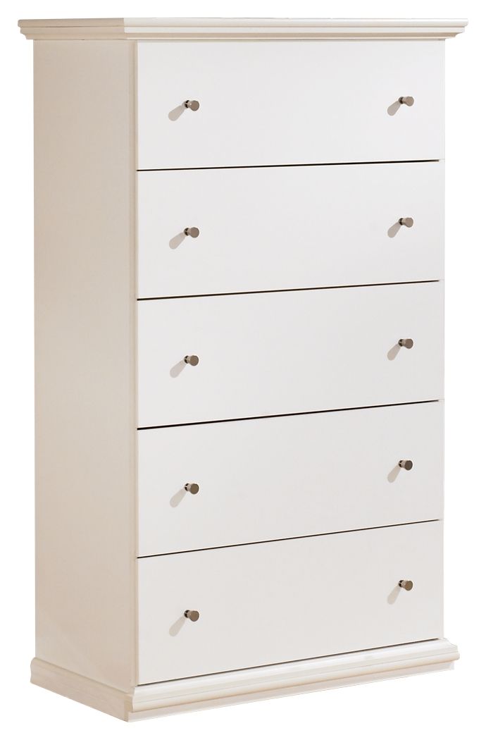 Bostwick Shoals White 5-Drawer Chest - Stylish Storage Solution for Bedroom, Living Room, or Office Organization