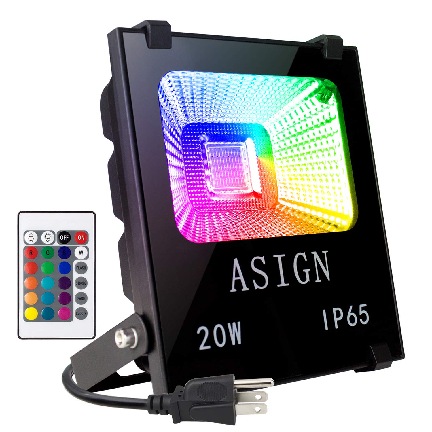 ASIGN 20W RGB LED Flood Lights - Waterproof Color Changing Security Light with Remote Control, Dimmable Wall Washer for Indoor & Outdoor Use - Perfect for Garden, Patio, Facade, and Holiday Decoration (US 3-Plug)