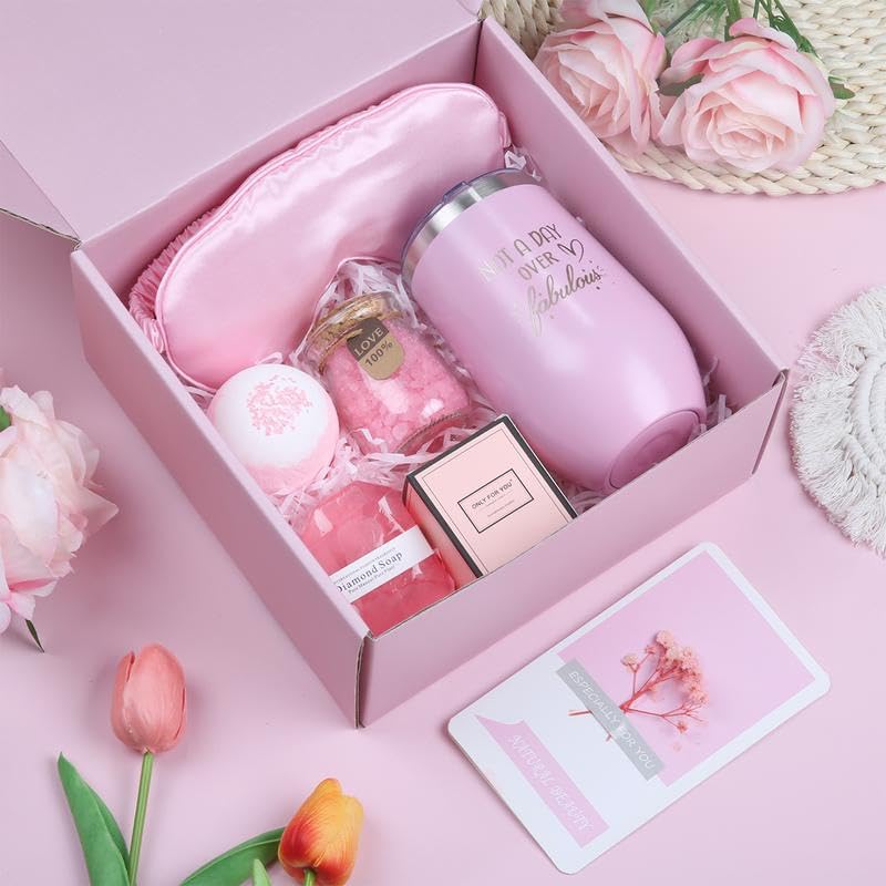 Rose Bath Relaxation Gift Set for Women - Luxurious Self-Care Basket, Perfect Birthday Gift for Girlfriend, Sister, or Best Friend, Thoughtful Present Idea in Pink for Spa Nights & Relaxing Evenings
