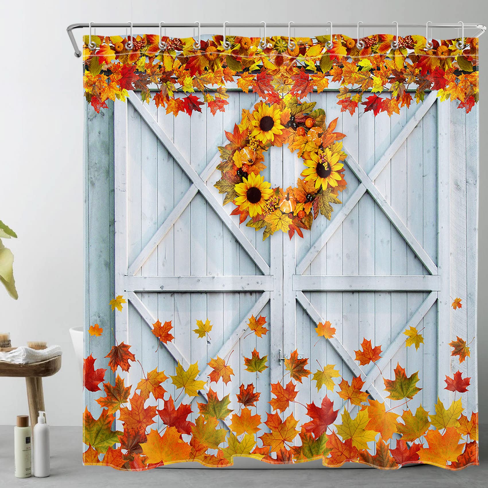 HVEST Maple Leaves Shower Curtain - Sunflower Blue Barn Door Bathroom Decor, Farmhouse Harvest Holiday Bath Curtain with Hooks, 72x72 Inches Polyester Fabric - Perfect for Rustic Bathrooms, Farmhouse Style Homes & Autumn Themed Decorations